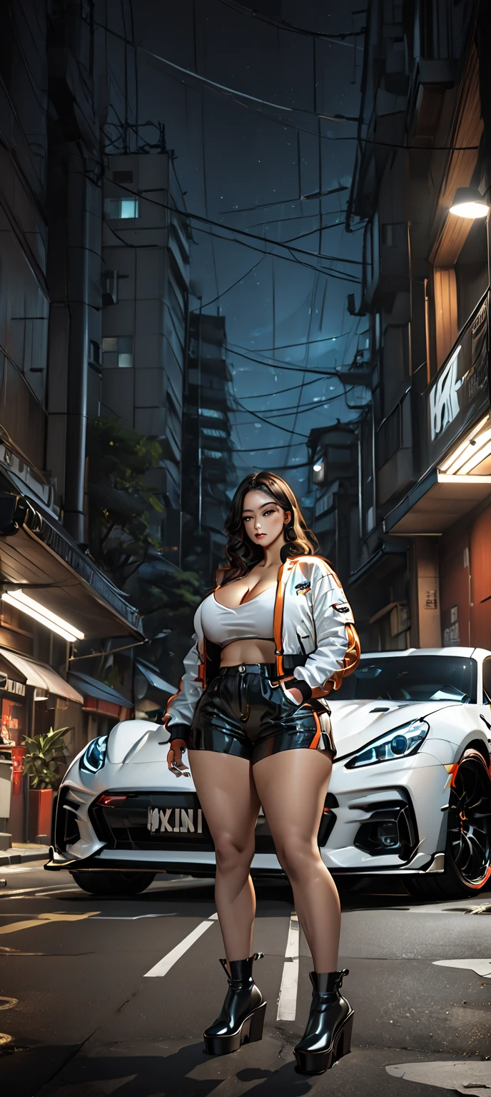A full body of a charismatic beautiful Asian buaty girl in a car parts store with car parts in the background , wearing a black lingerie with a "Jesus Andujo" logo, 4k, highly detailed, photorealistic, cinematic lighting, striking pose, dynamic composition, vibrant colors, compelling expression, intricate textures, stunning realism