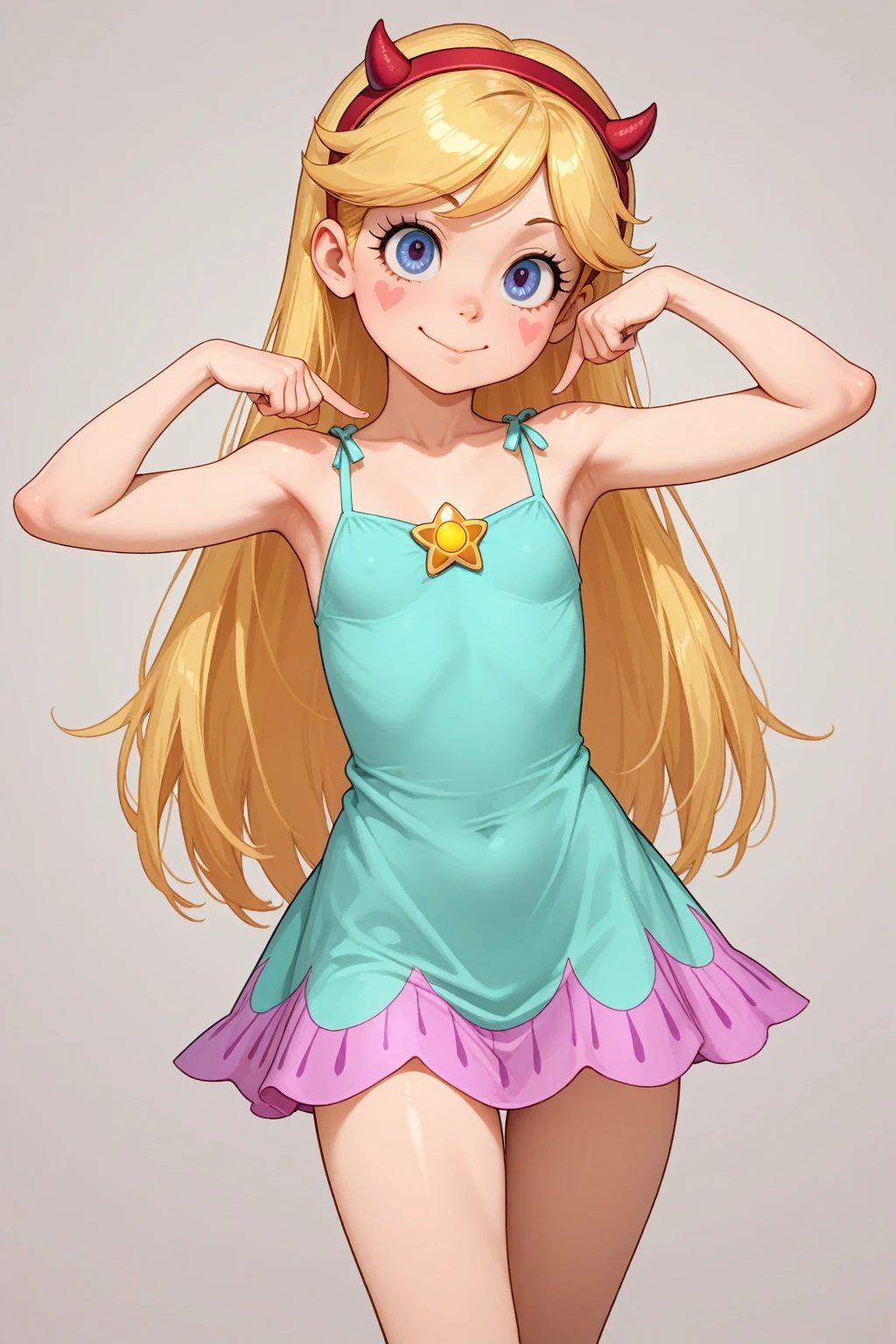 Star Butterfly, 1 girl, long blonde hair, tiara, blue colored eyes, green dress, Tilt your head, cowboy shot, breasts small, (cleavage showing), coxas nuas, nice legs, 正面, 1 girl, standing alone, gazing at viewer, all-body, pose, best quality, no flaws