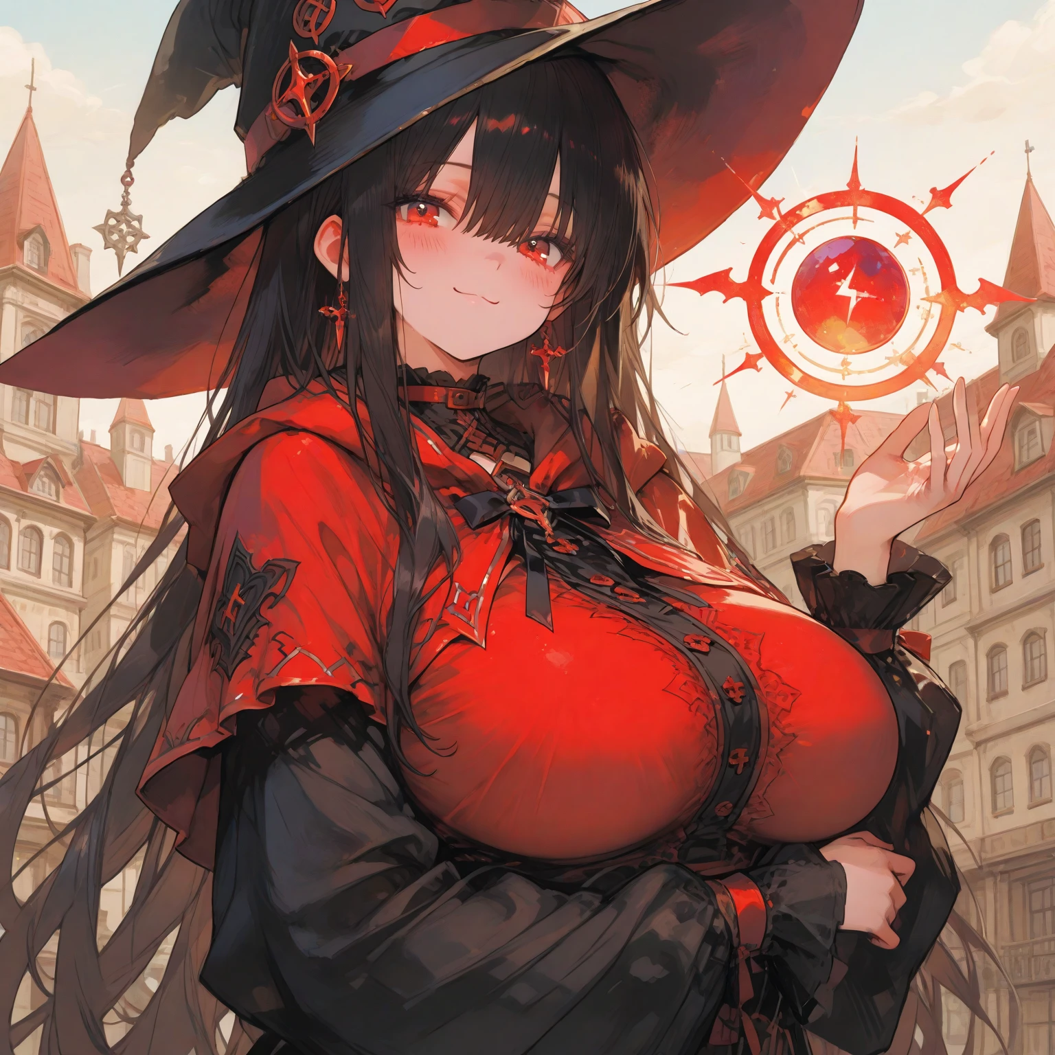 thick, wizard, nsfw, big nipples, wizard hat, eye mole, red lipstick, heavy makeup, looking sexy, anime style, nipple piercings, jewelry, motherly, black hair, full body, half closed eyes
