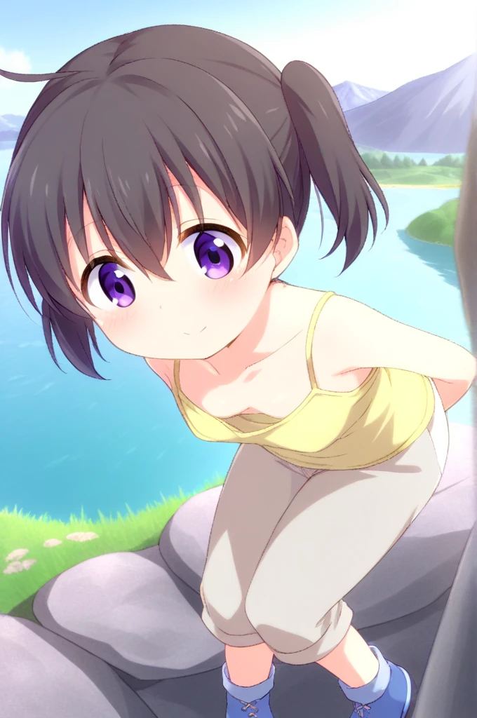 1 girl,Alone,,slender,BIG BREASTS,From above, Leaning forward,close up,kuraue hinata, black fur, two tails, short two tails, purple eyes, short hair, eyebrows visible through hair, hair between the eyes, yellow loose tank top, shorts blancos, rolled up pants, capri pants, Brown legwear, blue shoes, Boots, cross-laced shoes,,exterior,lake,mountain,rock masterpiece,Best Quality, very aesthetic, absurdities  