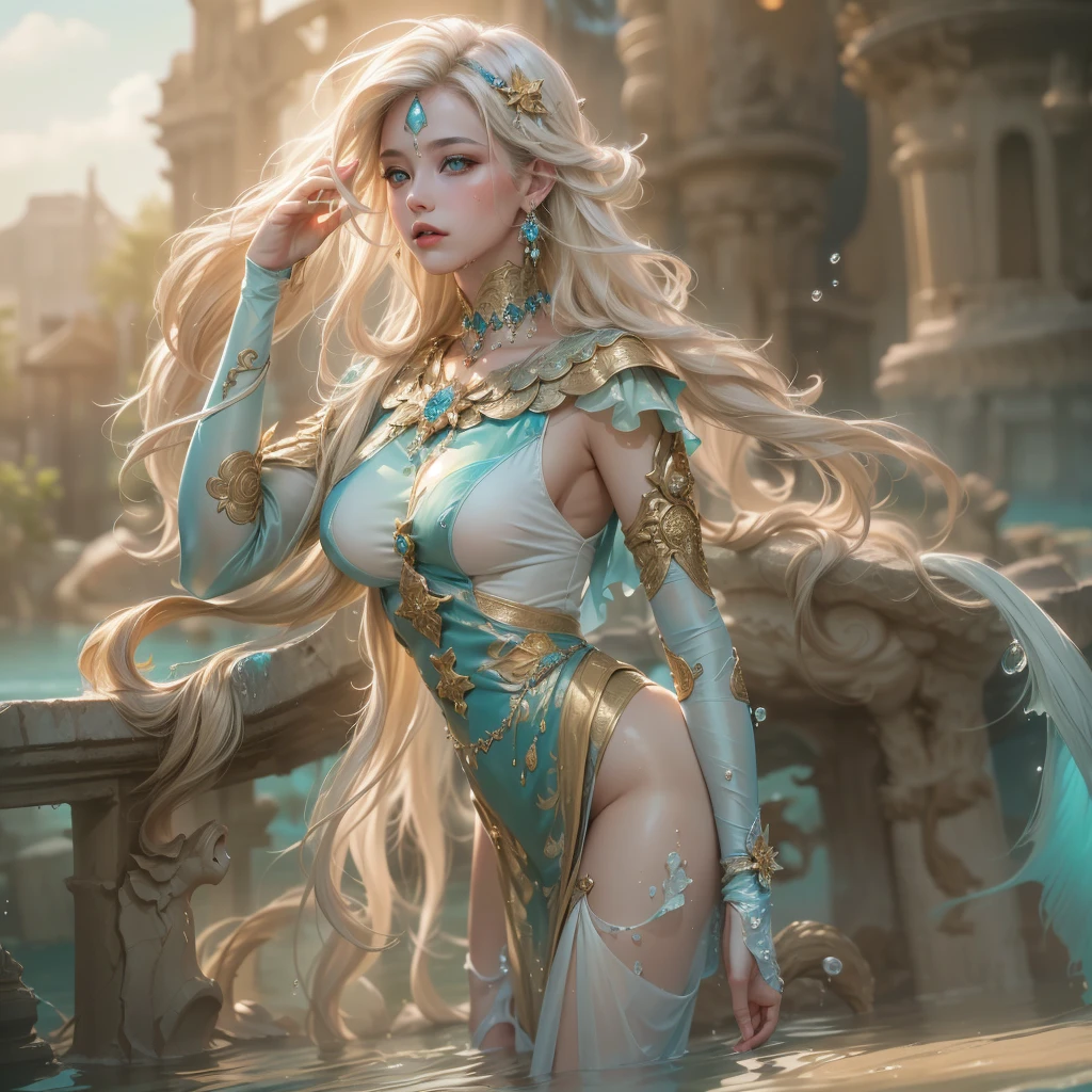 (Best quality, masterpiece, ArtStation, Fantasy Art:1.2), a castle yard, a beautiful cute girl standing in water, (long silver hair:1.1), (intricate body paint:1.35),( crop top:1.2)