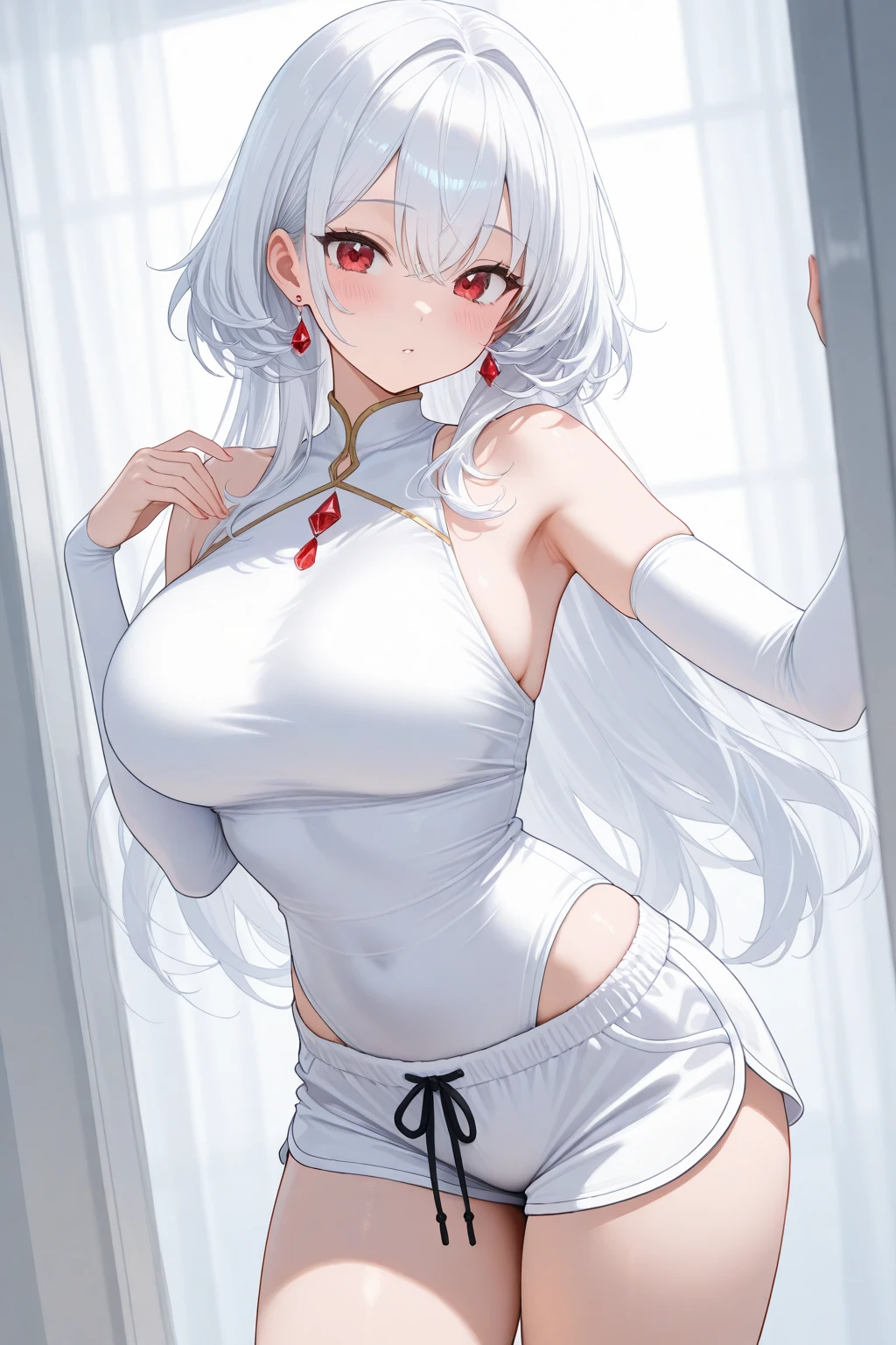1 full length girl standing, good ass, maid of honor, Hairstyle with a white braid, white hair, blind, perfect lighting, muscular, thighs, mature woman, Mummy, belly button, ABS, look at the viewer (masterpiece, high quality: 1.1) smile, Extremely huge breasts, maternal, Porcelain skin, Extra long hair, shiny skin, good face, oni horns