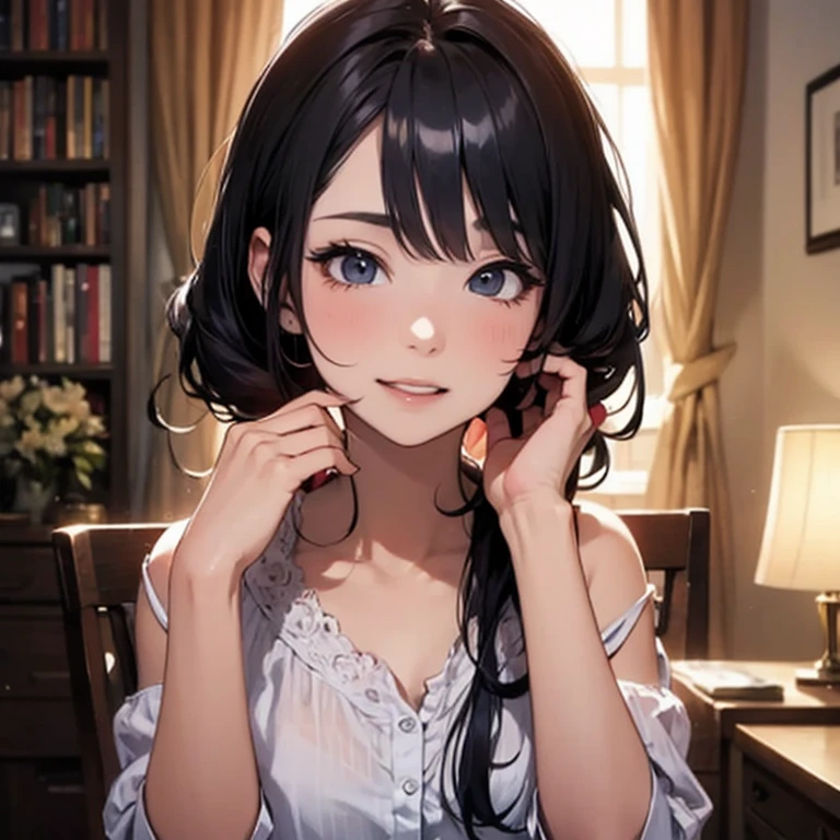 masterpiece, highest quality, One Girl, Thighs, beautiful girl, Flowers, たくさんの小さなflower, flower、Small waist, RAWphotograph,Bright lighting、Face Light, Ultra-realistic, High resolution, photograph, Sharp focus, Highly detailed eyes and face,Symmetrical face, whole body、Large Breasts、Long Hair、チラリと見えるThighs、Emphasized cleavage、Her hair was tied with a big red ribbon.、White high heels、White knit、race、White micro mini skirt、Embarrassed、smile、Happy smile、Leaning forward、Peek into