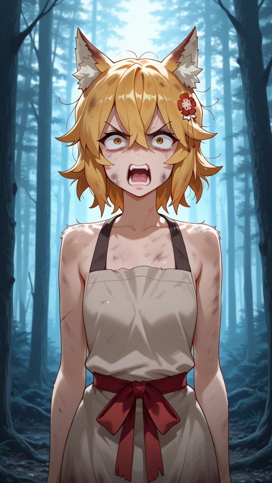 Mila has long messy hair, her hair is orange, she has visible freckles on her face and shoulders and breasts,has sharp teeth and smiles a lot, He wears short sleeveless shirts and long, loose pants, he wears a green military jacket,She has a flat chest, only her nipples are visible on her shirts since she doesn't wear a bra,His body is thin but strong, he has a big fat butt, he sweats a lot,its appearance is messy and a little dirtyHis haircut is wolf or wild type