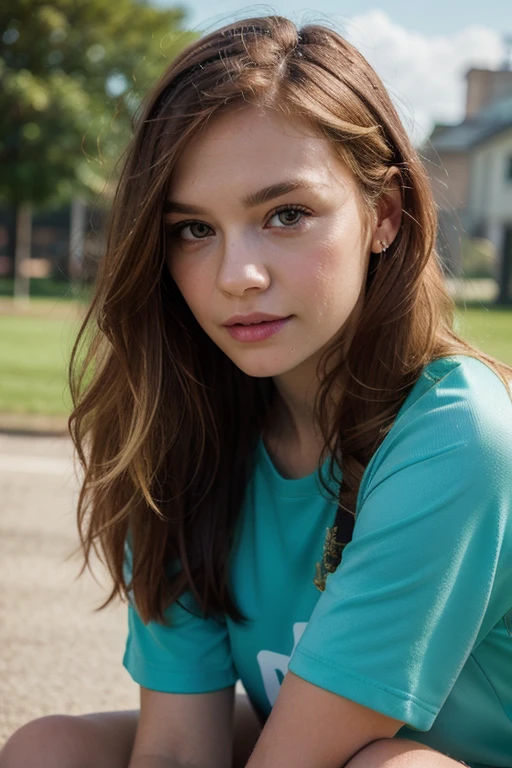 Generate: Realistic, amber haired girl
Face: brown eyes, small frekels (very low quantity), smooth small nose, ears part visible
Body: small waist, thick , hips: middle wide,
Environment: city balkony at early night
Lighting : dawn but generated person fully visible.
Wearing: Green Cutout pullover, black shorts
Make the face a little less smooth and add a few freckels to the nose and cheeks
Make it look like the person is taking a selfie, top down view
Make the eyes a litte smaller and more realistic