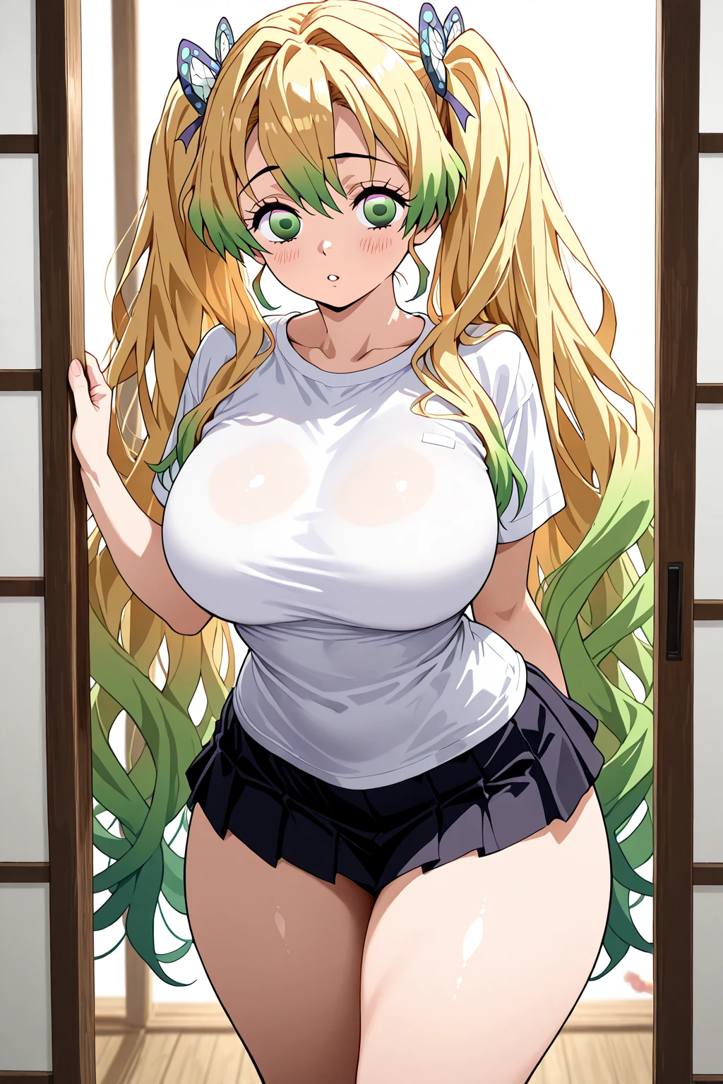 (honjou raita, mahou shoujo /(raita/)), 1girl, solo, 10yo, oppai_loli, official art, gyaru, blond hair, thick eyelashes, twintail, large breast, shiny skin, groin, bikini, white open shirt, side tie, necklace, bracelet, standing, contrapposto, head tilt, :d, smile, naughty, mesugaki, blush, vulgarity, white background, simple background, peace sign, netorare, swelling areola, beiny crotch, nsfw