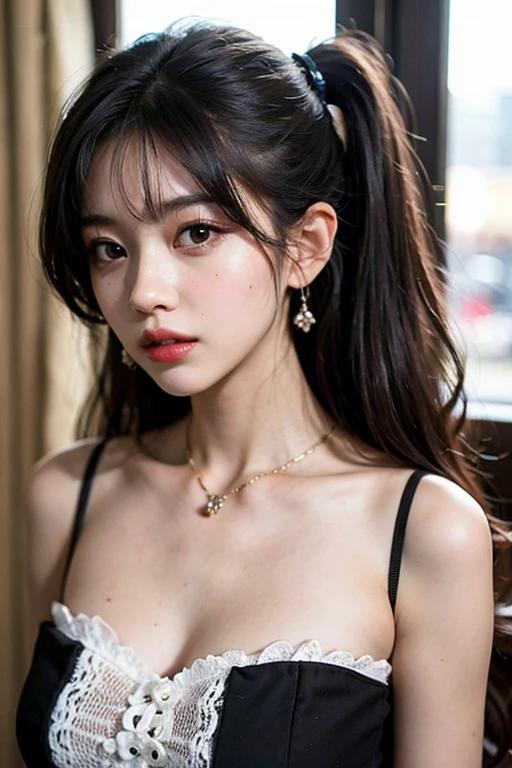 Her dark brown hair is neatly curled in a half-up style and tied up with a net with a ribbon. Big black eyes. White skin and pale lips.
Bust is large
naked