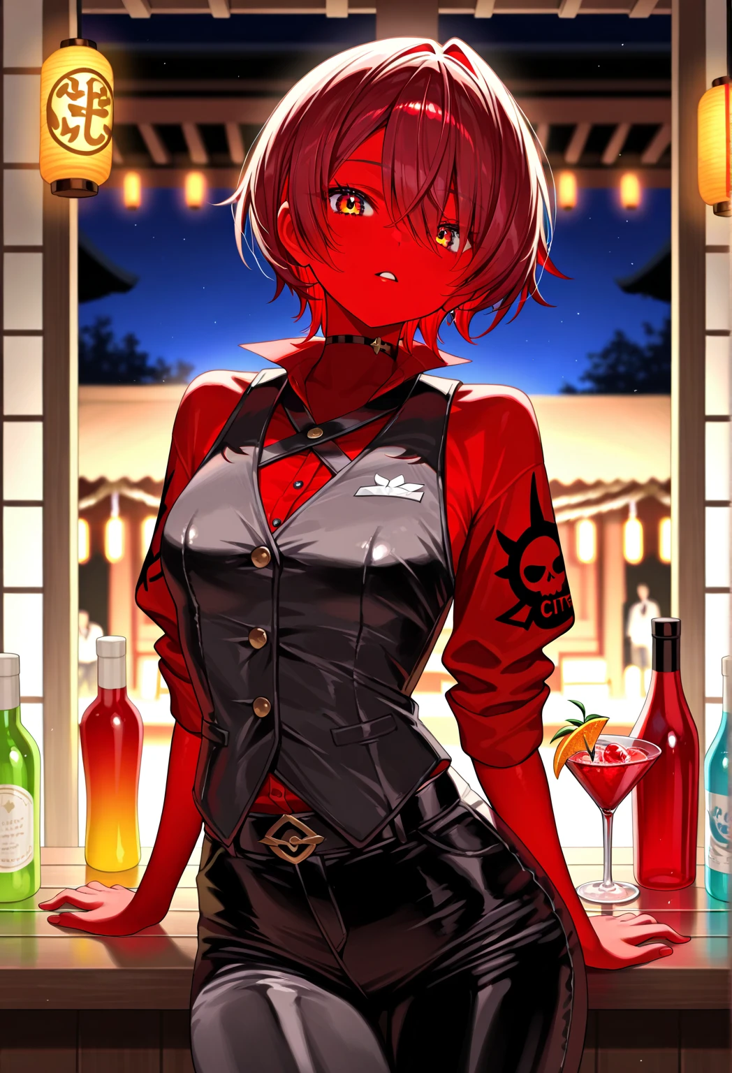 young girl, red hair, 18 years old, small breasts, small biotype, bob hair, tattoed arms, black tattos, piercings in face, , black dress, black letter dress, short dress, punk dress, wearing fishnet stockings, black boots, smiling, looking at viewer, holding beer cup, 4k, masterpiece