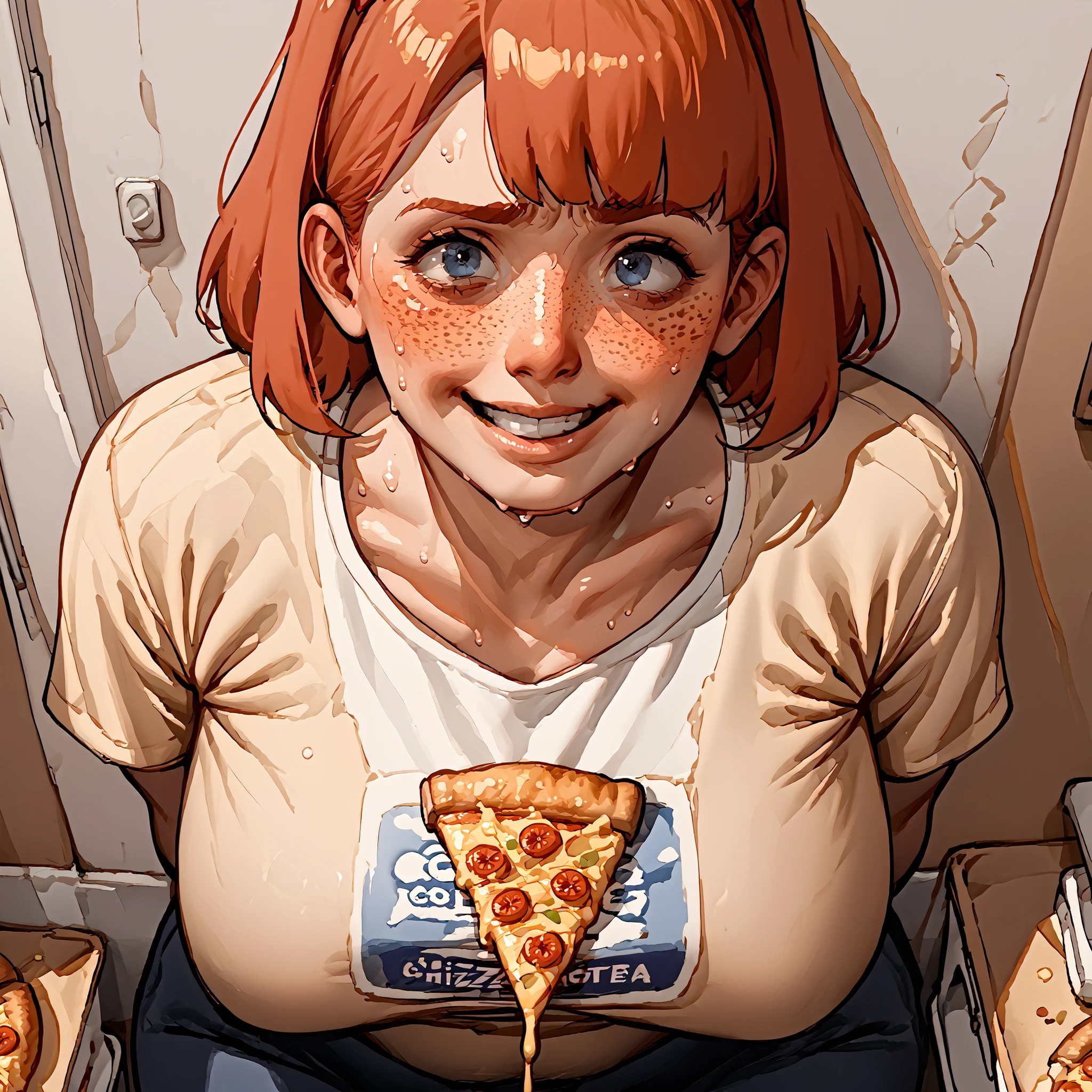gl0ss,self view, blur,Score_9, score_8_up, score_7_up, score_6_up, score_5_up, score_4_up, Anime Manga style, ((full view)) A character created for a dark comedy, A small petite woman with long straight red hair, freckles, nervous. Wearing a tan shirt with a picture of a pizza. She is standing nervously, sweating, nervous smile, in a small apartment. ((extreme above angle)) Looking up.