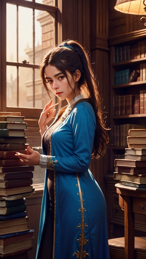 Hermosa mujer madura intelectual, ojos serios con uso de lentes. Hermosa sonrisa. Mujer madura con cuerpo . Facciones ricos en belleza. Vestida con falda larga y un top de manga larga. Exotic library environment with knowledge in hand. Holding a book and a pen in the other hand. Use of central lighting on the body.  De cuerpo completo centrado en la imagen. (Obra maestra) Uso de colores calidos y de alta calidad.