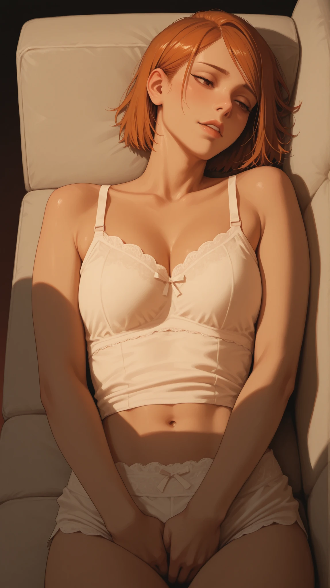 Nobara Kugisaki from the anime Jujutsu Kaisen, casual underwear, lying on the sofa, touching herself, feeling pleasure, alone, realistic facial features, high detail, realism, warm color palette, deep shadows