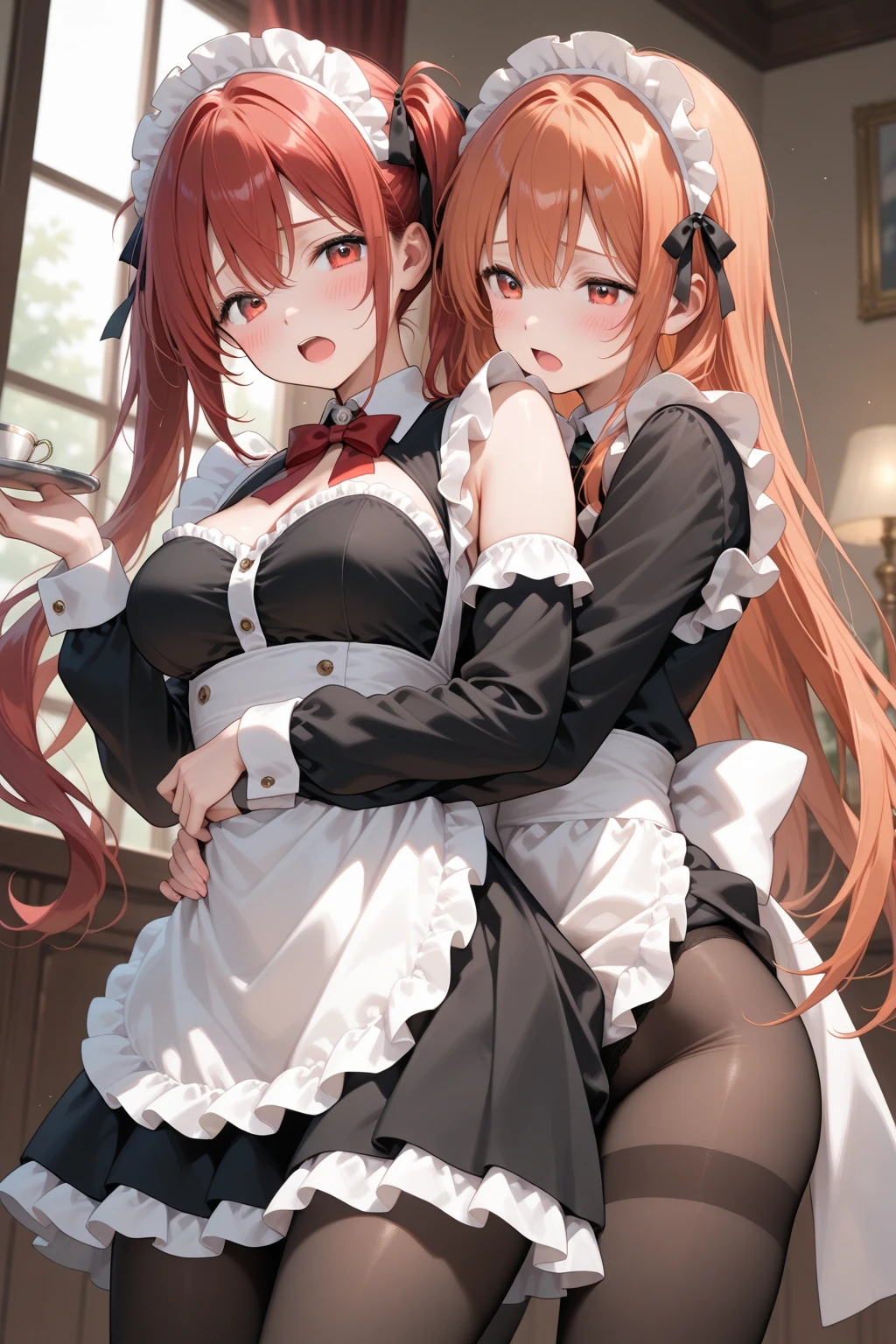 highest quality、masterpiece、((2 girls:1.5))、((smile:1.3))、(blush:1.3)、Black Shirt、blouse、((fun!!))、(Small breasts)、(Blonde:1.3)、(long hair)、(Long sleeve)、((White apron:1.5))、((Maid))、((hair ornaments)),、Kamimei、look at me、 ((in house:1.5))、 Taking a break from watching the audience、Cowboy Shot、(Skirt lift:1.3),(Highly detailed pink striped panties:1.3)、(Highly detailed panties:1.3)、、(スカート that rolls up:1.3)、(Panties fully exposed:1.5)、Light blue eyes、long hair、Glowing Eyes
