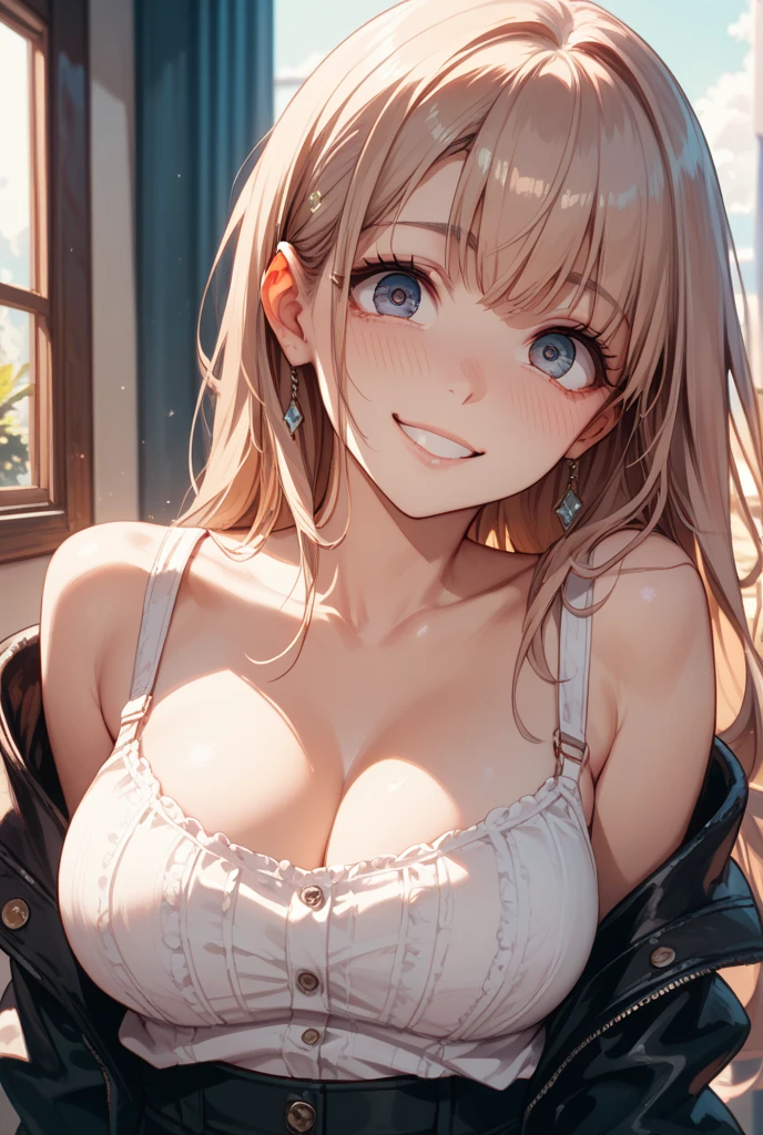 1 beautiful girl posing for photo, anime girl, dynamic poses, (20 year old girl:1.3), (aged up), city, garden, flowering trees, jeans, white tied shirt, cleavage, big rounds breadsts, midriff, (lace bra:0.8), jewelry, dark brown hair, bangs, long hair, 1 ponytail, wavy hair, expressive hair, shiny hair, hairclip, red hair ribbon, cat hair ornament, wince, aqua eyes, glowing eyes, earrings, cat ears, kemonomimi mode, smile, open mouth, glossy lips, blush, tongue, bright pupils, happy, upper teeth, detailed face, perfect body, high detail, anime, dithering, image fill, anime CG style, outside border, border, first-person view, panorama, perspective, good lighting, Wide-Angle, f/1.8, 85mm, Sony FE GM, 8k, super detail, highres, UHD, retina, masterpiece, accurate, anatomically correct, best quality