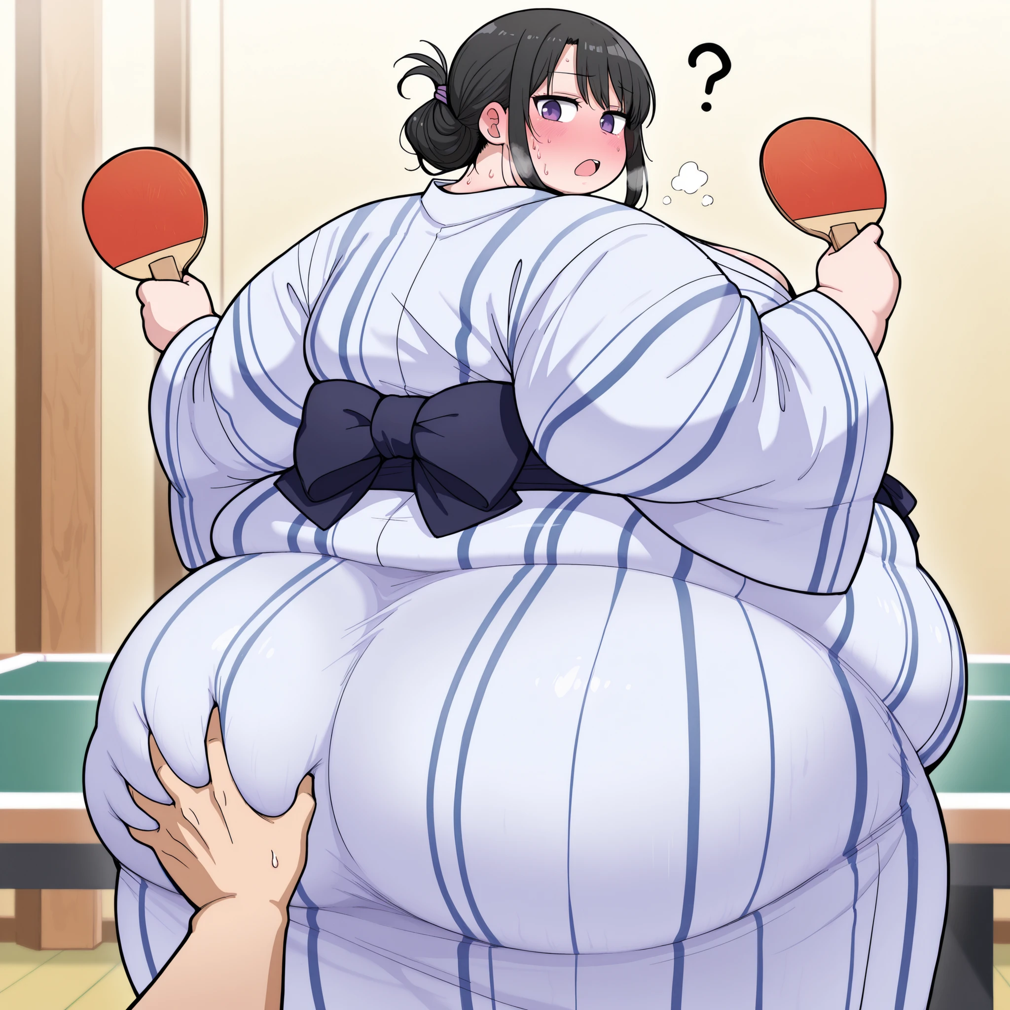 masterpiece, best quality, amazing quality,,   Tamura yuri(watamote) black hair, purple eyes, mature female, medium breasts, anime screencap,  getsuyoubinotawawa vol13, solo, looking at viewer, blush,  holding, cleavage, sweat, teeth, japanese clothes, wide sleeves, kimono, sash, no bra, ball, yukata, holding table tennis paddle, paddle, bath yukata,, , huge ass, fat, chubby, obese, open mouth, out of breath, absurdres, highres icon, rating:General, confused, blush,, {flustered}, nervous sweating, portrait, pov ass, hand on another's ass, averting eyes, [looking away], straight-on, from behind, swollen face, bulging belly, looking back at viewer, ass grab, masterpiece, best quality, ultra-detailed, high resolution, 8K, \, expressionless,