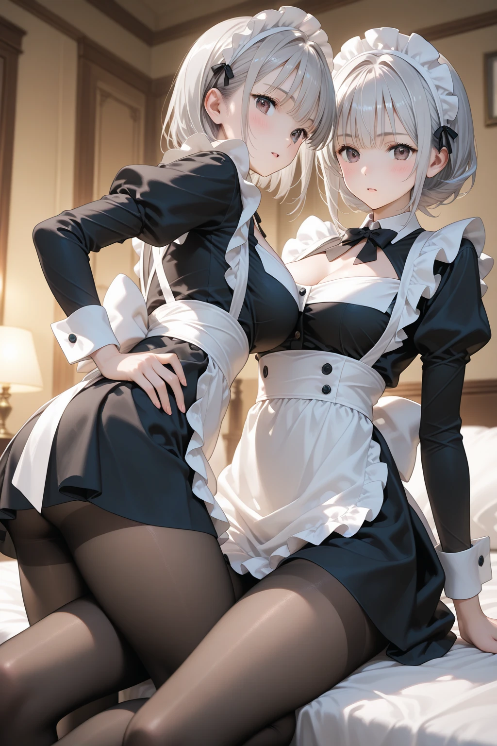 1 girl with oversized bust and curves alone, short white hair, Rojo eyes, short hair , SMILE,, looking towards him, very short maid dress and uncovered in the back, blush, lingerie white thigh high stockings, Closed mouth, day, looking away embarrassed, Inside a house