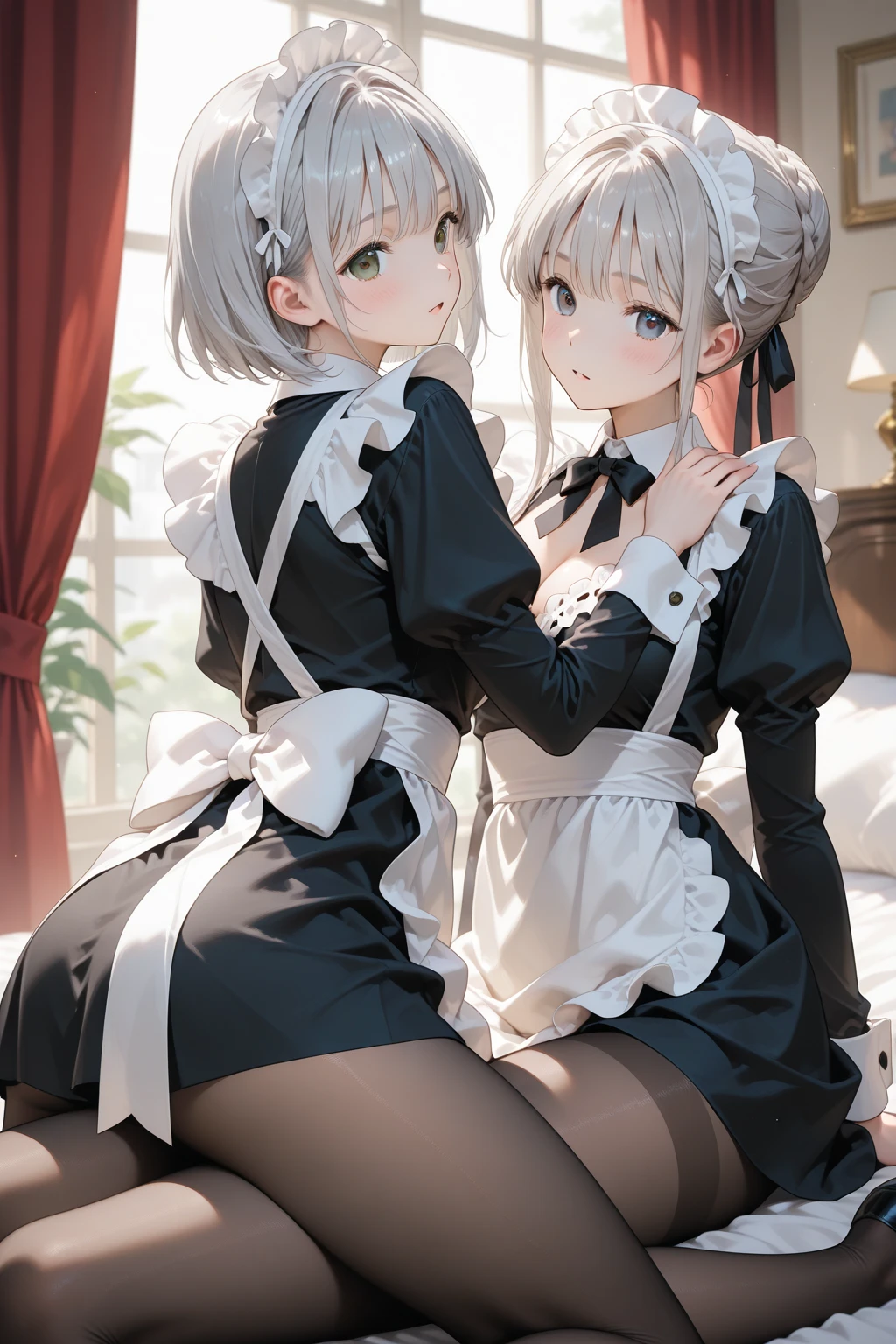 ((2 girls))、A smile、A delightful、skirt by the、(smallunderboon a house、I can play、doress、((aprons))、((maidennurse))、((hair adornments))、Skirt cracks，(Grab the skirt)、 (Perfect hands, perfect anatomia),cow boy shot、(skirt lift:1.3), (white colors:1.3)、 (Ad network weight:1.0)、(Rolled up skirt:1.3)、(completely exposure:1.5)、