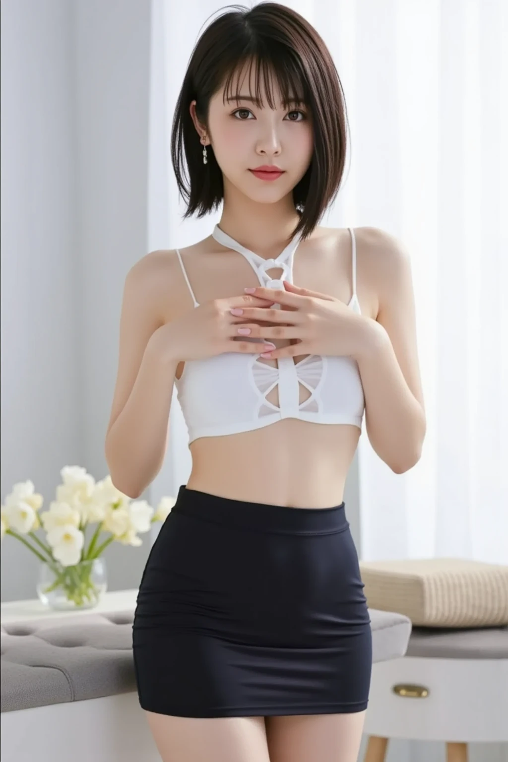 Cute 21 year old Japanese、shopping、Ultra-detailed facial features、Attention to detail、double eyelid、Beautiful and thin nose、Sharp Focus:1.2、beauty:1.4、(Light Brown Hair、Short Hair、)、Pure white skin、Highest quality、masterpiece、超High resolution、(Photorealistic:1.4)、High resolution、Professional Lighting、nice smile、please show me your whole body、skirt、Colorful spring clothes、
