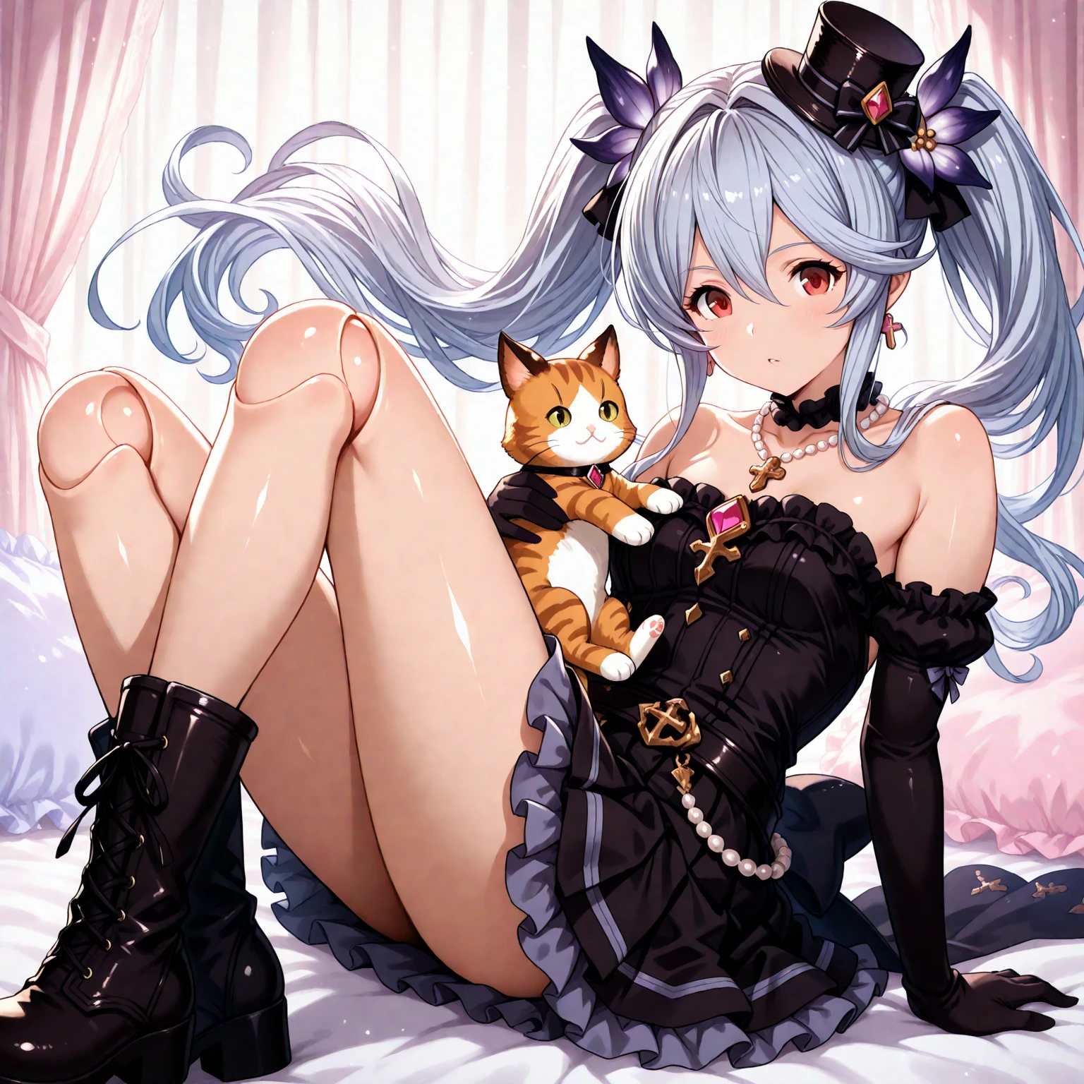 a sexy female with long blue hair, has floppy puppy ears, has a puppy tail, wearing a black corset, wearing a black mini skirt, has a dark blue dog collar on, wearing cute thigh high socks, relaxing
