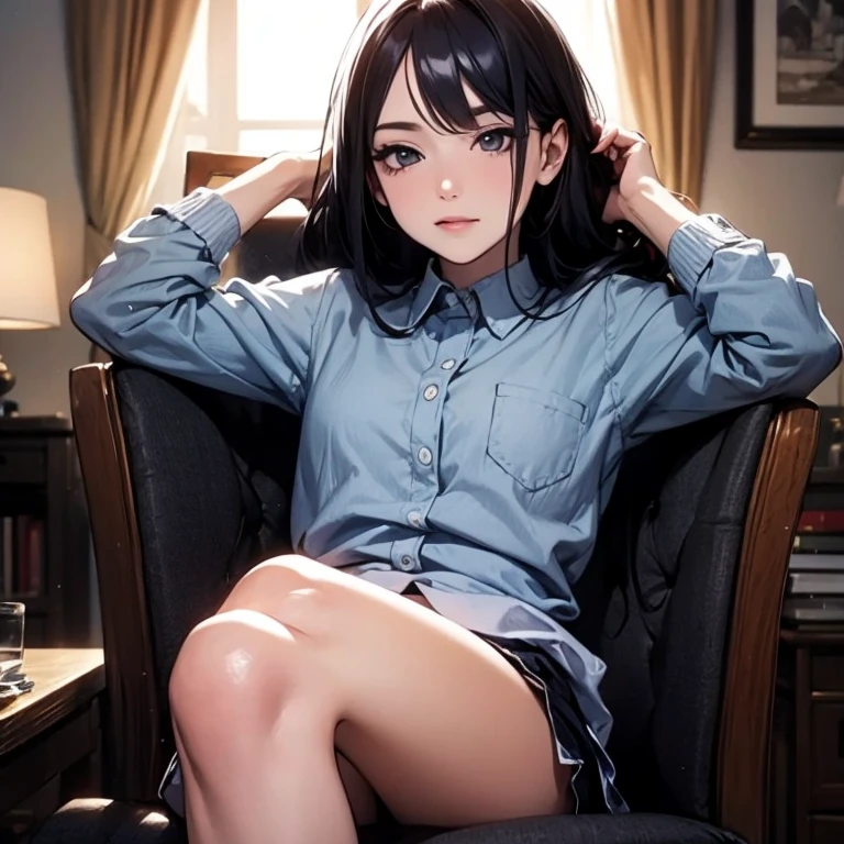 8K, detailed, anime, masterpiece, high quality, highres, best quality, highres, 1girl, disheveled hair, illustration, focus on face, simple background, long hair, socks, black hair, hair between eyes, calm, long bangs, tied hair, ribbons in hair, crimson red eyes, large breasts, breasts, perfect face, perfect legs, pleated skirt, full lips, add_detail:-9