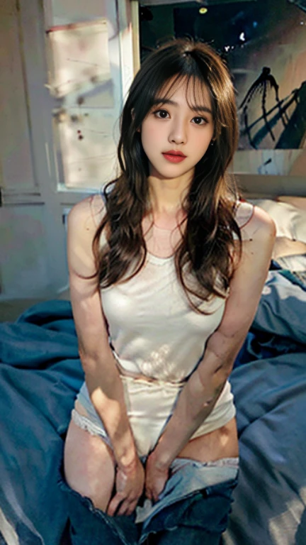 (photorealistic:1.4), (best quality:1.0), (ultra highres:1.0), 8k, RAW photo, (masterpiece:0.2), portrait, face, Beautiful and cute woman with white and smooth skin, red cheeks and adorable, graceful, Sleepwear, is in the room bedroom.