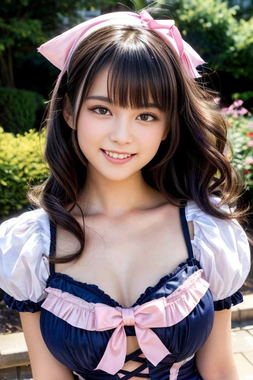 masterpiece, best quality, amia-4000, long eyelashes, eyeliner, eyeshadow, mascara, colorful, pink lips, deep skin, looking at viewer, upper body, curvy, solo, long hair, blue ribbon, twintails, gloves, ribbon, dress, rei no himo, blue eyes, black hair, white gloves, white dress, looking at viewer, light smile, closed mouth, hair ribbon, bow, sleeveless, sleeveless dress, bangs, blush, hair ornament, bowtie, clothing cutout, very long hair, covered navel, arm ribbon, shiny skin, outdoors, grassy fields, blue sky, cloudy sky, tight, taut dress, upper body, (masterpiece:1.47746), (highly_detailed:1.05), (highres:1.05), ultra detailed, 100-layers, extremely detailed, intricate, absurdres, small details, ultra detailed, detailed eyes, (intricate details, volumetric lighting, cinematic lighting, award-winning, macro vivid colors, rule of thirds, majestic, detailed, elegant), colorful, realistic lighting, breasts hold