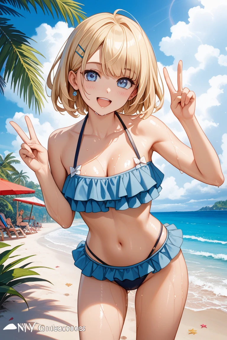 firefly、Good looking girl (blush, Perfect Face), independent , Looking at the camera, masterpiece, Anime art style, Cute Characters, Most detailed, high quality、Nico Nico Smile、There are highlights in the eyes、blonde、The whole body is visible、Lolita、Small breasts、Braided Short Hair、Flower decoration、Yellow Eyes、Show your armpits、Wearing a cute swimsuit、Playing in the sea