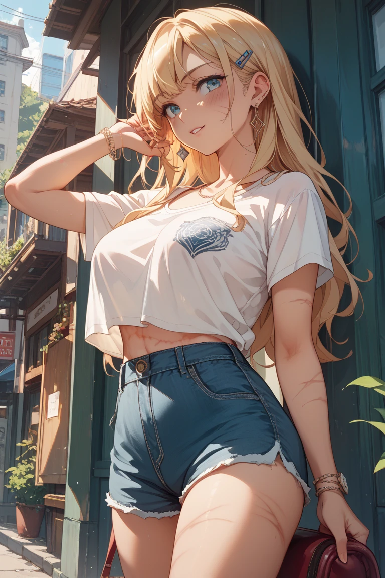 (((((visible pussy outline under shorts))))), 1girl, anime girl, anime, (dark skin), 2d girl, 16y, (fullbody), standing, anime girl, golden eyes, seductive grin, (golden hair), shirt, Solo, Slim, large breasts, big , big Breasts, Tight Shorts, low waist shorts, upshorts, The night beach background, city lights, looking at viewer, darker shadows, (((shorts))), (((absurdres))), (((thigh gap))), (((cameltoe))), (((cleft of venus))), (((lowleg shorts))),