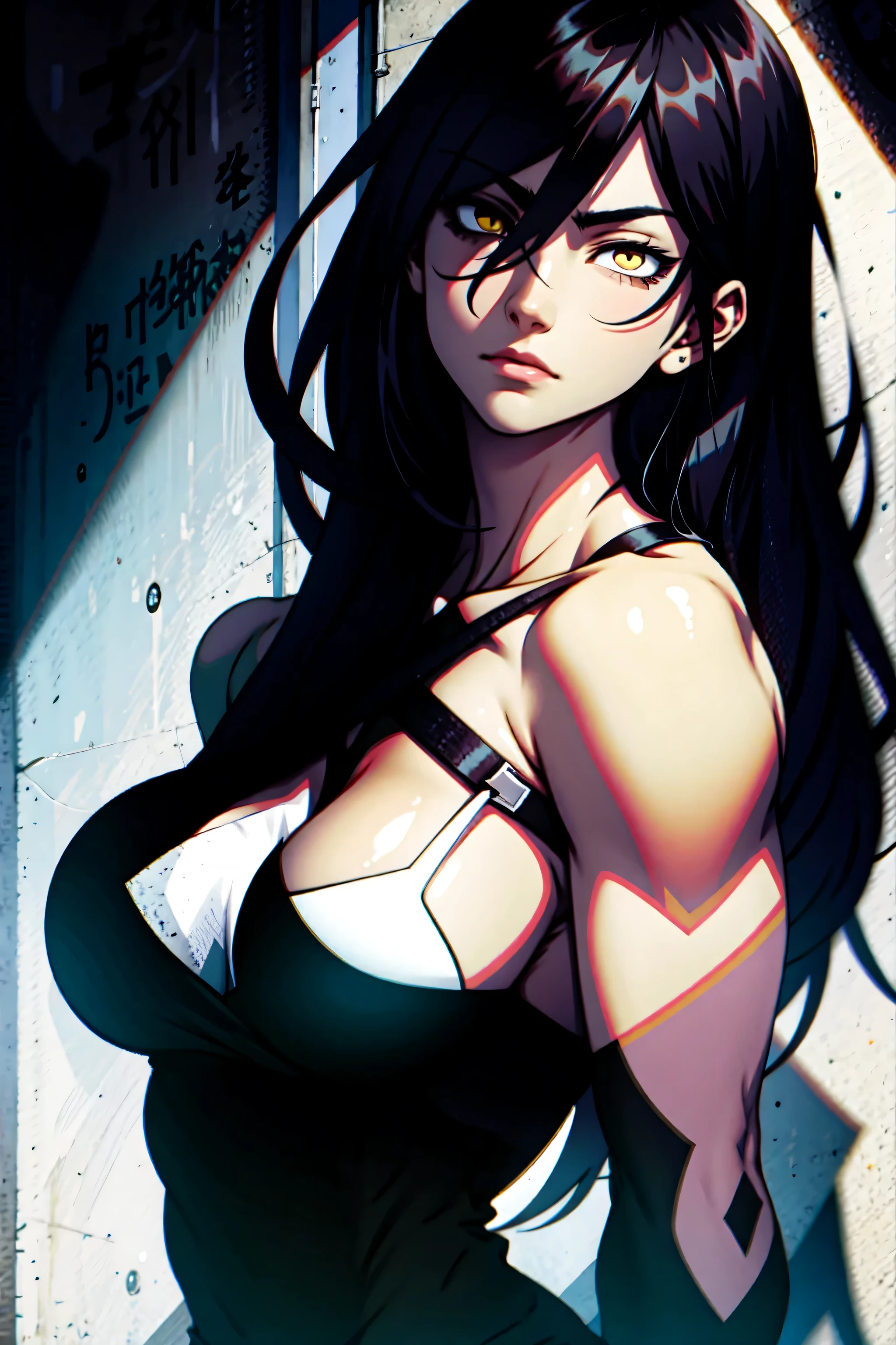 masterpiece,stunning realistic,best quality,sharpness,sharp face,smil，Photo of the fully body
black long hair，purple eyes,big ,tanktop,breast,Side breasts,cargopants with many pockets,open bellybuttons,opened up lags,black cloak,silver necklace,silver chain,black gloves
