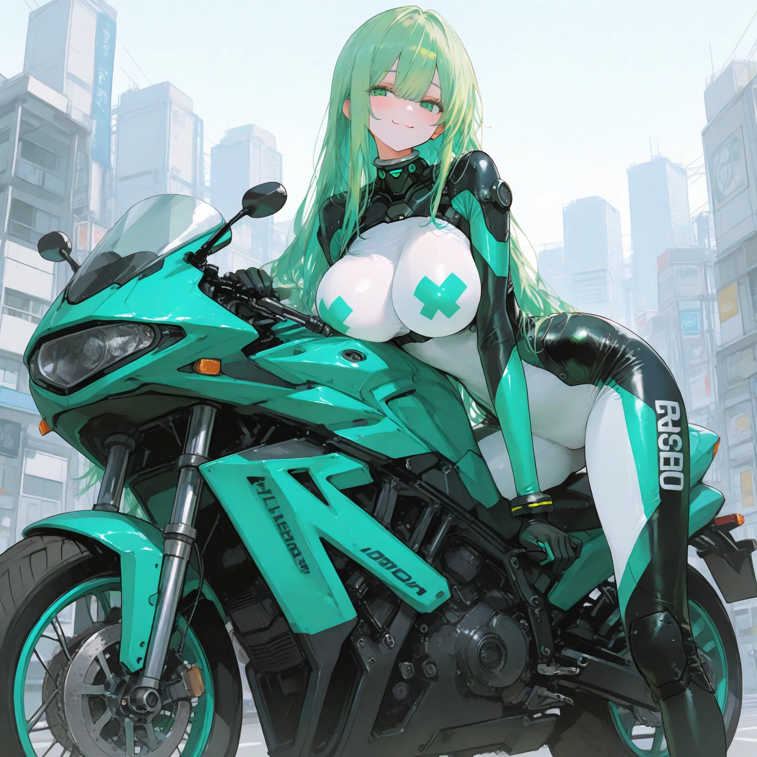 1girl, large breasts, wide hips, thick thighs, green hair, very short hair, short hair, yellow eyes, bikini, black bikini, neon trim, green neon trim, smile, smirk, smug, futuristic, science-fiction, tech, shoes, sneakers, green neon trim, green trim, black clothes, motorcycle, motor vehicle,
