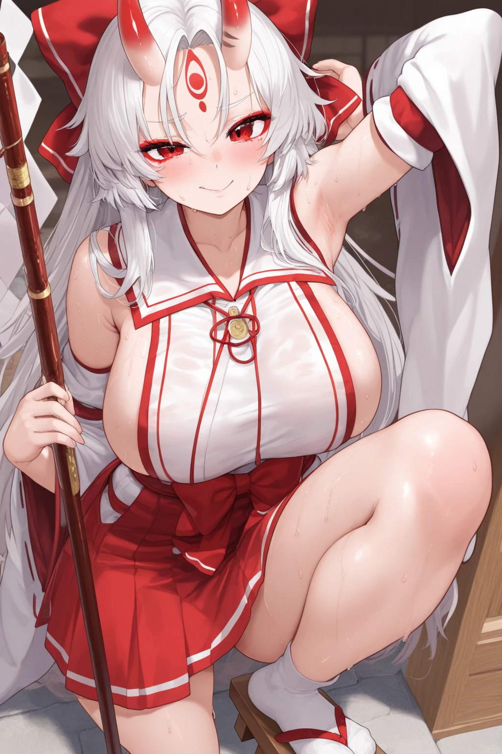 Best Picture Quality，femele，White hair and red eyes，S-shaped body，sitting on a stool，spread their legs，full bodyesbian，Realistic painting style ，The whole body is naked，Do not wear any clothing，frontage，D-cups