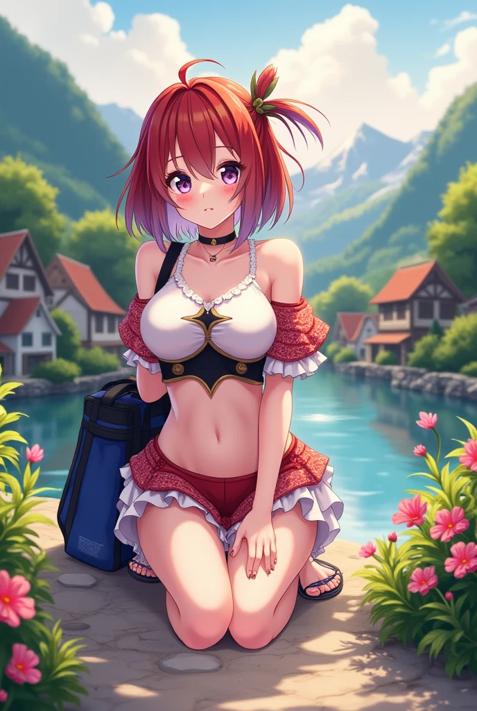 (Masterpiece), Best Quality, ultra-detailed, 1girl, female elf, short red hair, blue eyes, curvy body, black off-shoulder, strapless tube top, choker, tiny denim shorts, high heels, ((stylish cropped top details, micro denim shorts, edgy sexy, Beautiful and cool, shorts)), laying on grassy field in sunlit forest, view from behind, looking back at viewer, a seductive face, wicked smile, full pouty parted lips, hands resting on breast