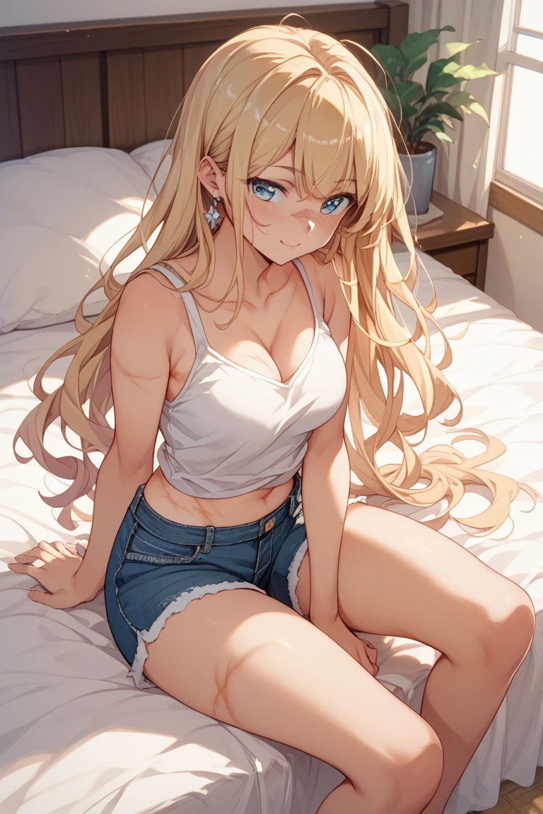 2d, Superb, (Masterpiece), (Full length), (Shiny amber hair:1.6),  (Wavy medium hair:1.6), (Brown beautiful girl), (Healthy dark skin), (Sunburn mark), clavicle, (Denim hot pants:1.3), (Tank top), JK,Slender figure ,Glamorous Bare Feet, Leg hair, Brown Eyes, Attractive thighs, Medium chest, bedroom, On the bed, Light from the window, Sexy expression, Sweaty, Wet Hair, Drops from hair,Put your hands on your chest, Breathless, Bold pose