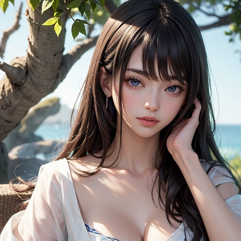 alone, whole body,Earrings, eyelash, pantyhose,, (Beach,(Palm tree),crowd,(White shirt), Floral print,Red lips),Sexy and provocative smile,, (Shiny skin:1.05),(blush:0.9),(Skin Dentition:1.15),Realistic, masterpiece, Highest quality, High resolution,Absurd, (Perfect Face:1.1), (Sharp focus:1.1),, Trending on Art Station, Trending on CGSociety, Complex, High detail, Sharp focus, dramatic,