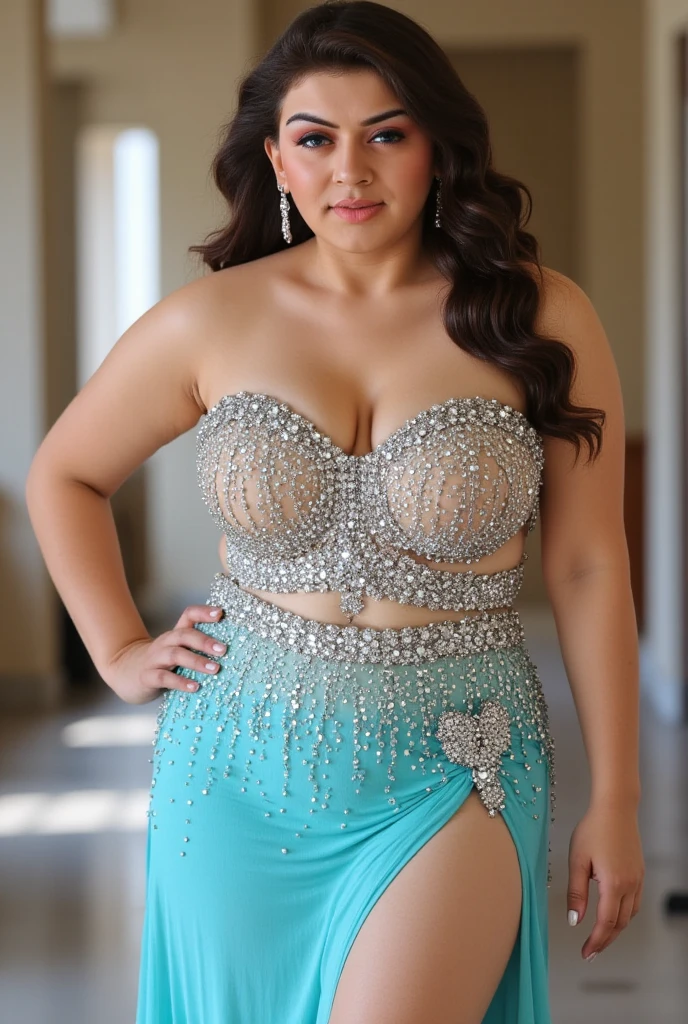 full body of The AVN Award for deep V-neck blouse BOOB cleavage OF Sultry Plus-Size Exhibitionist Amorous voluptuous MILF with Boob Cleavage Breasts: The adult costume showcased in the image is an aquatic-inspired ensemble featuring a shimmering metallic turquoise strapless top with a mesmerizing fish scale pattern. The top is gathered at the center to create a flattering silhouette, paired with a matching mini skirt. The skirt’s playful, asymmetrical hemline with a dramatic slit adds an edgy touch, while the luxurious metallic laminate fabric enhances the costume’s allure, making it perfect for bold statements at special occasions or themed parties.