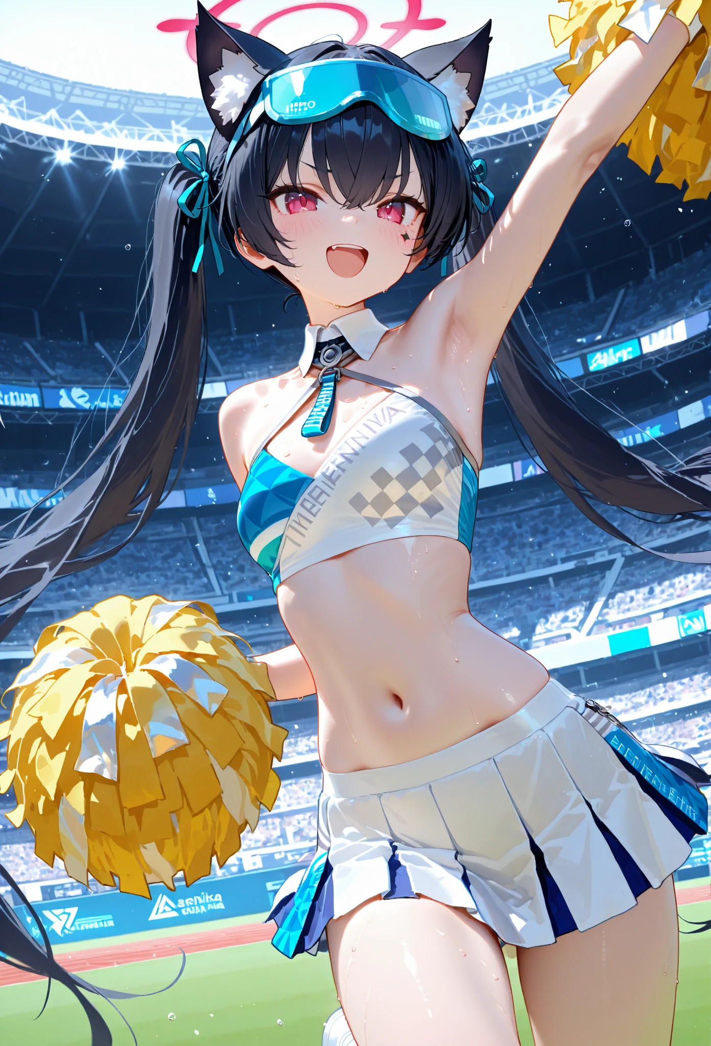 (masterpiece), best quality, ultra detailed, (light rays), best quality, pink shirt, white skirt, baseball stadium, dynamic pose, (loose socks), sneakers, heart choker, ((cleavage cutout)), ((heart cutout)), big hair, small breasts, cleavage,
bache, 1girl, solo, breasts, looking at viewer, blush, smile, skirt, standing, heart, sweat, outdoors, sky, day, armpits, blue sky, symbol-shaped pupils, standing on one leg, cheerleader, pom pom (cheerleading), + +, <lora:hibikiV2:1>,