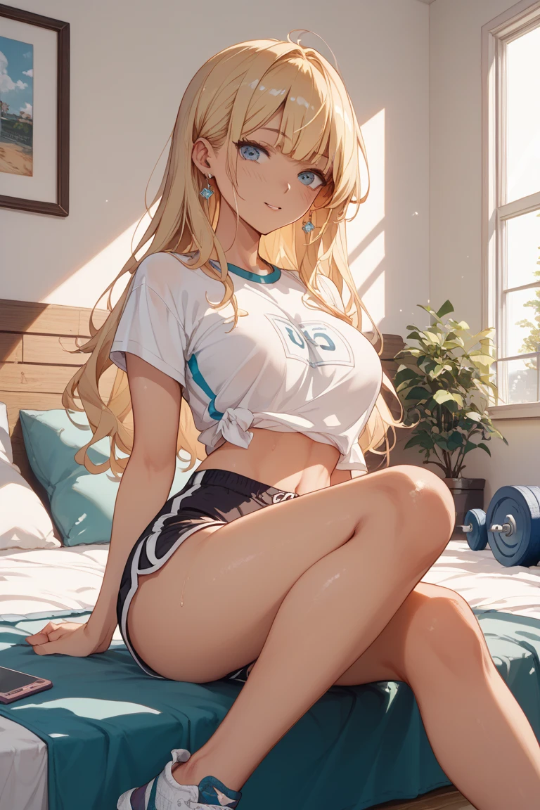 (masterpiece:1.2, highest quality), (real image, intricate details), 1 female, alone, Upper body, showing legs, sitting, bed, Massage room settings, long hair, minimal makeup, detailed face, smile, Really long light platinum blonde hair, bangs, hair between eyes, green eyes, big and plump breasts, big ass, software, Clothes, 学校の体育の制Clothes, white shirt, T-shirt, tight shirt, tight bed T-shirt, white socks, sweaty socks, bed short, gym shorts, PE shorts, sweaty, super sweaty, extreme sweat, Sweat wet