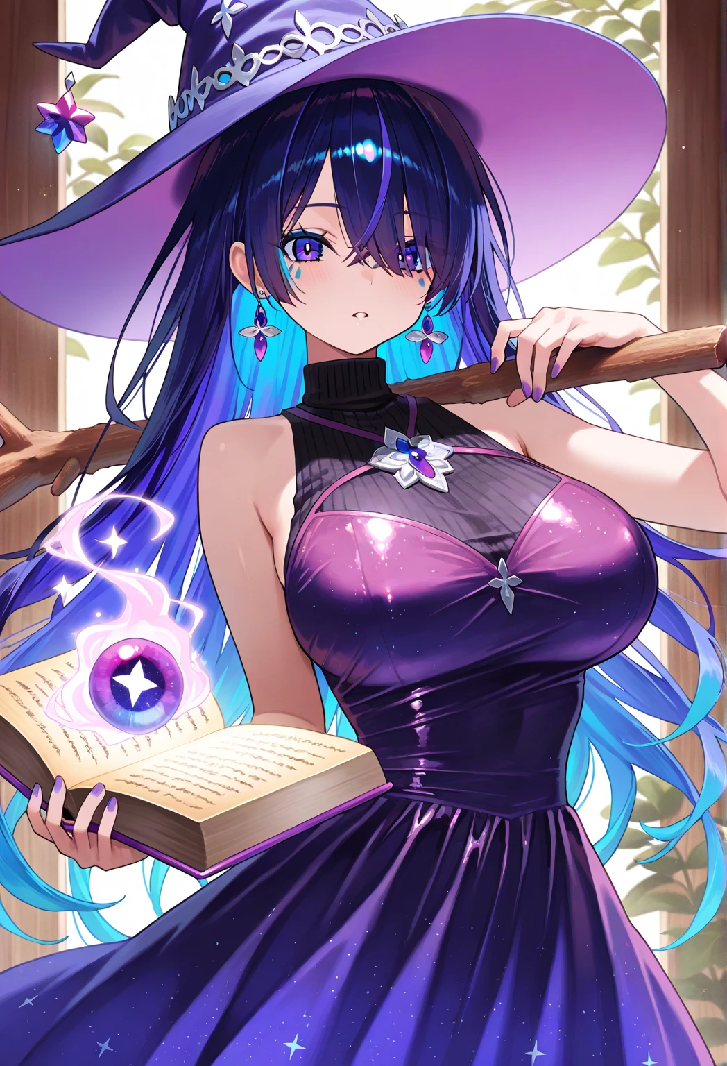 Obra maestra, La mejor calidad, 1girl, with long, iridescent hair in purple tones, azul, y verde, con un elegante traje negro, standing in a dramatic pose with one hand on the hip and the other holding a magic crystal ball. en segundo plano, A swirl of light and energy adds to the mysterious and enchanting atmosphere of the scene... Cabello resplandeciente, sexy big breasts,sexy