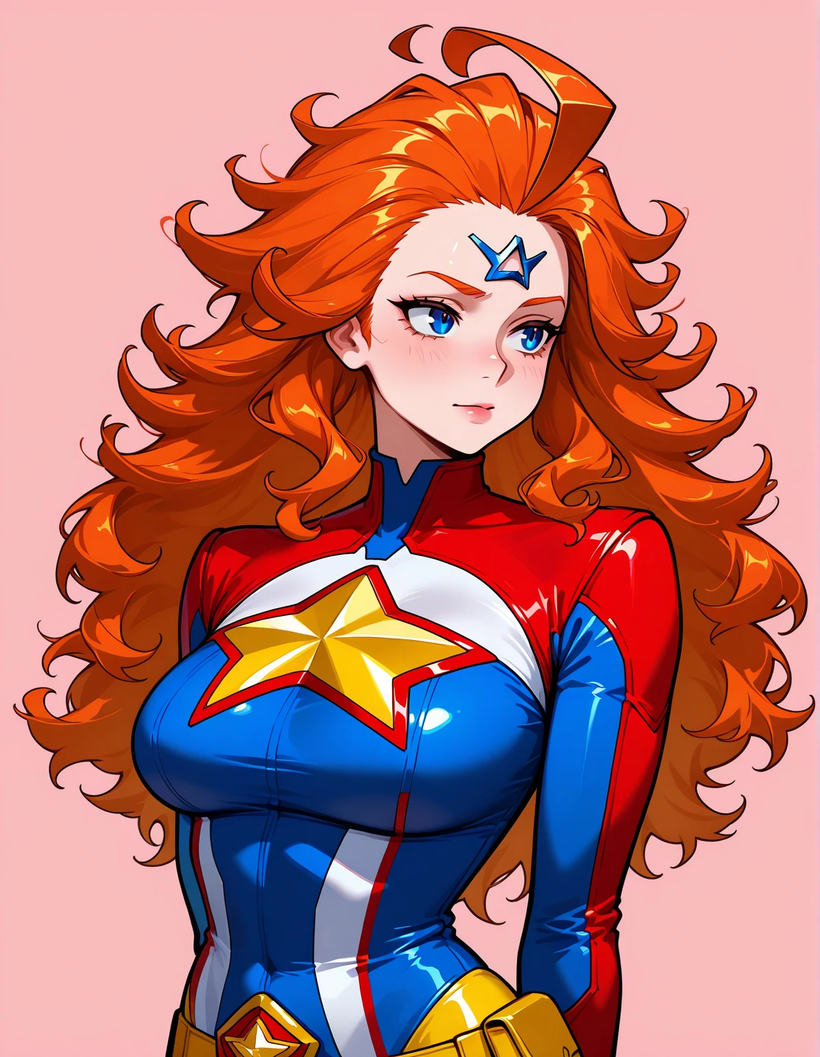 score_9, score_8_up, score_7_up, score_6_up, score_5_up, score_4_up, masterpiece, Sexy, Superheroine, Red hair, long hair, busty, ((blue highleg leotard with a t-back thong and a gold star insignia on chest)), gold boots, gold gloves, ((Cleavage Cutout))