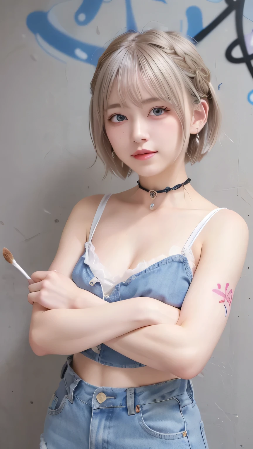 One girl, one girl, one person, japanese girl, mischievous smile, devilish smile, grinning smile, Japanese girl, 20 year old girl, beautiful, pretty face, cute face, mischievous expression, Plain tank top, Plain tank top, large breast, ((angel tattoo on arm)), short hair, silver hair