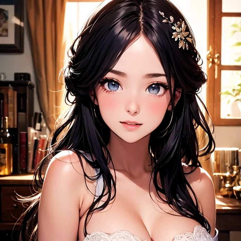 masterpiece、highest quality、High resolution、high quality images、8K, 1 female、skin luster、Texture of skin and clothing、Expression of fine eyes、Shiny light black hair,Girl with long black braided hair, Manga inspired by Lee Jong-suk, trending on deviantart, realism, detailed manga style, manga art style, perfect line drawing, beautiful line drawing, digital manga art girl, K-POPアイドル, Beautiful pink eyes, plump lips, detailed gorgeous face, (cute smile), charm, innocent, Side view, (perfectly detailed face), (fine hands) photorealistic images, Depth of written boundary, Princess hairstyle, In underwear ,lying on a bed of roses ,romanticism,