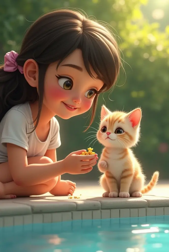 A baby cat where a girl is feeding it. This girl's name is on her pool as ANTONELLA
