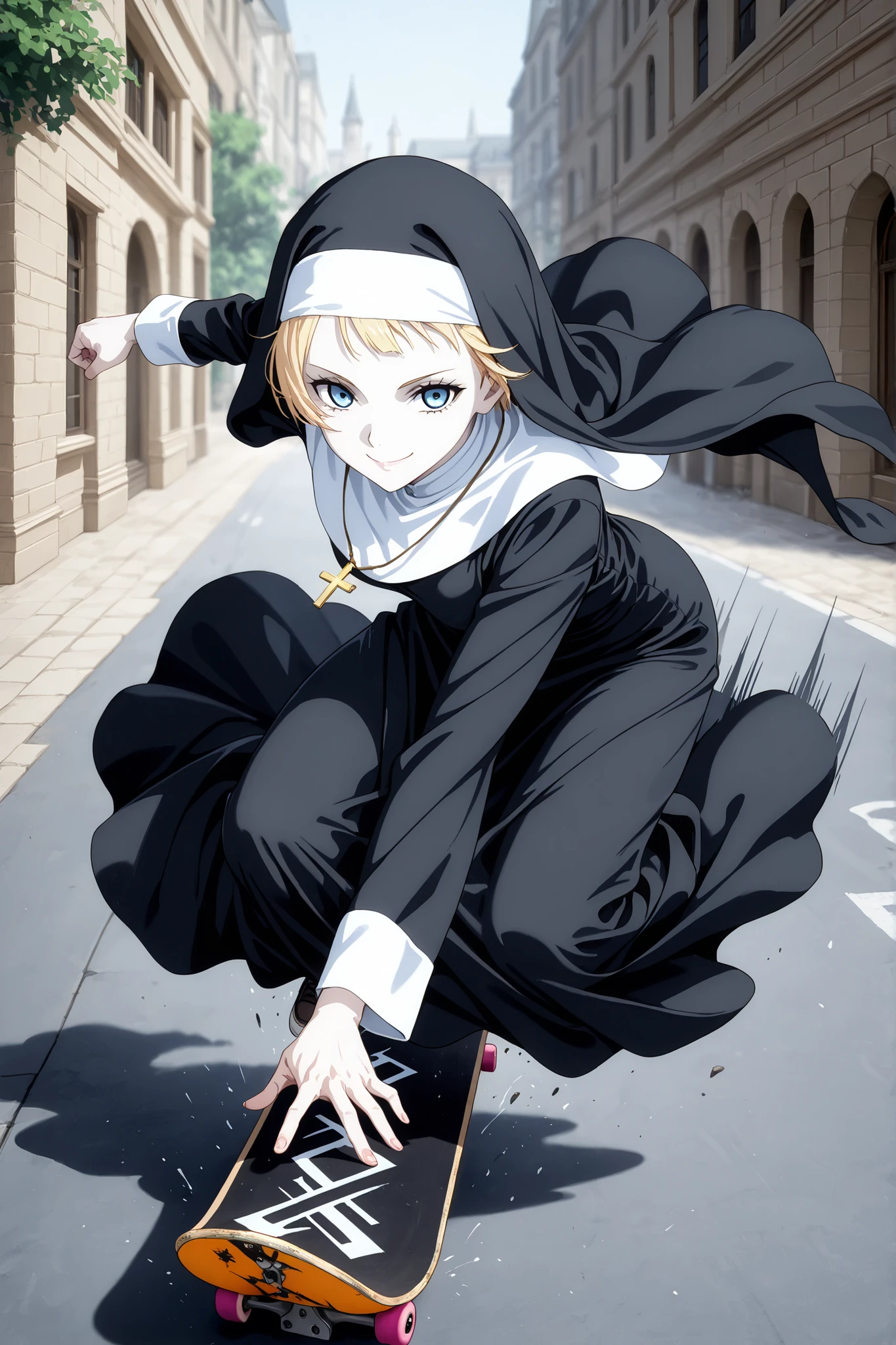1 girl,solo,beautiful girl,adult,18 years old,blonde hair,very short hair,blue eyes,pale skin,skinny,masterpiece,general,highres, ultra-detailed,very aesthetic,best quality ,best hands,best eyes,perfect anatomy,anime coloring,easynegative,BREAK,nun,christians,nun's black robe,BREAK,on asphalt,on the street,outdoors,street,Skateboarding, tricks,jumping,dynamic motion,motion blur effect,fast,smile,