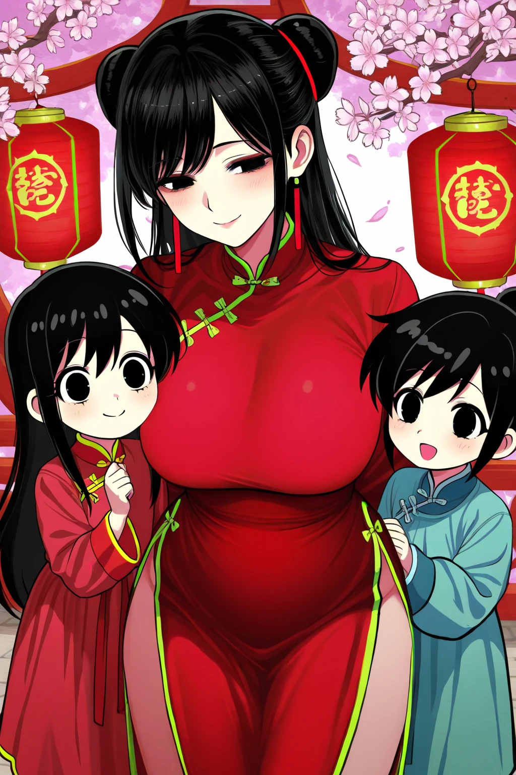 A tragic historical drama in 8k live-action style: Beautiful palace secrets Beautiful Chinese Kung Fu Princess with long black hair is breastfeeding her child Breast milk overflows from the nipples Gorgeous embroidery, Ultra glossy, She is wearing a shiny red top and bottom long sleeve floral pajama kung fu suit....