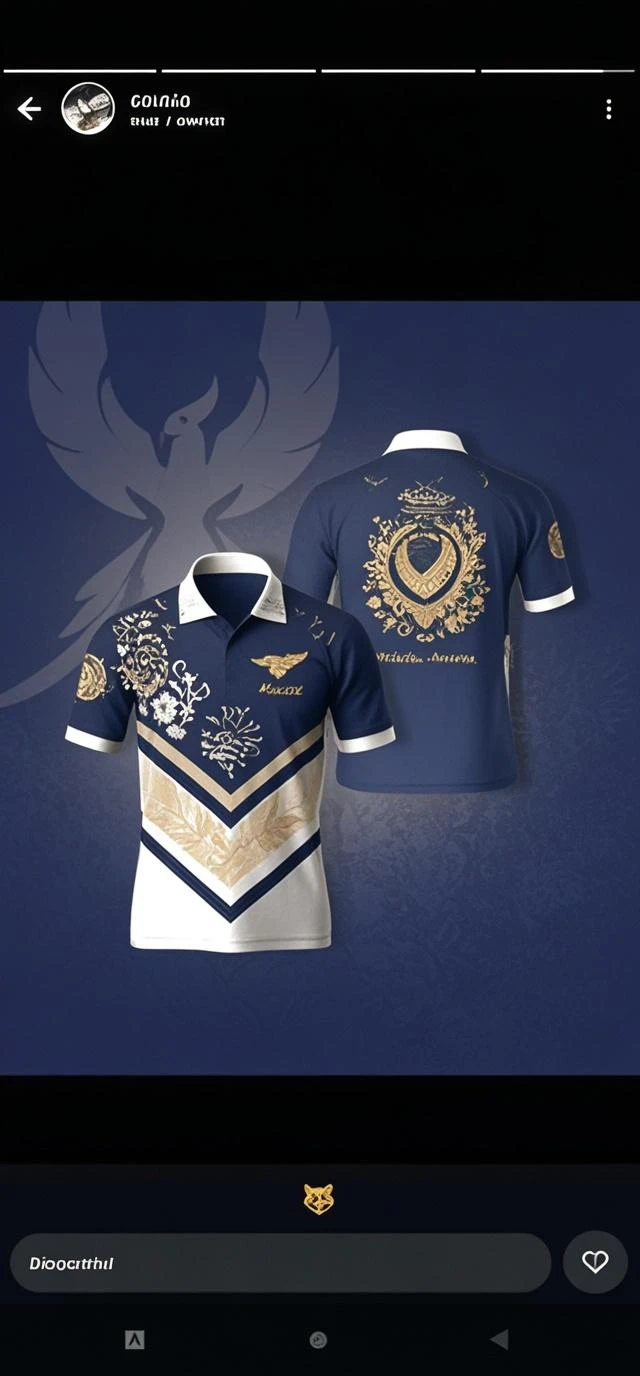 Blue t-shirt in midnight blue with a gold shirt collar, a small golden phoenix on the chest and golden additions on the sleeves