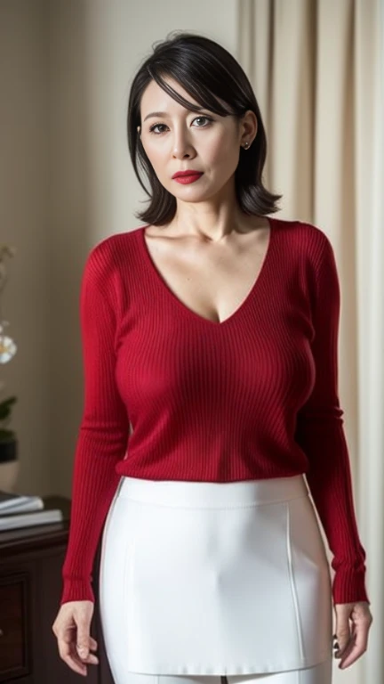 Close-up 50-year-old beautiful wife with huge breasts is wearing a shoulder-baring sweater without underwear with huge breasts that are about to spill out, and her nipples are erect and she is seducing sexily while looking at me Sitting, wet eyes, red lipstick, café at night