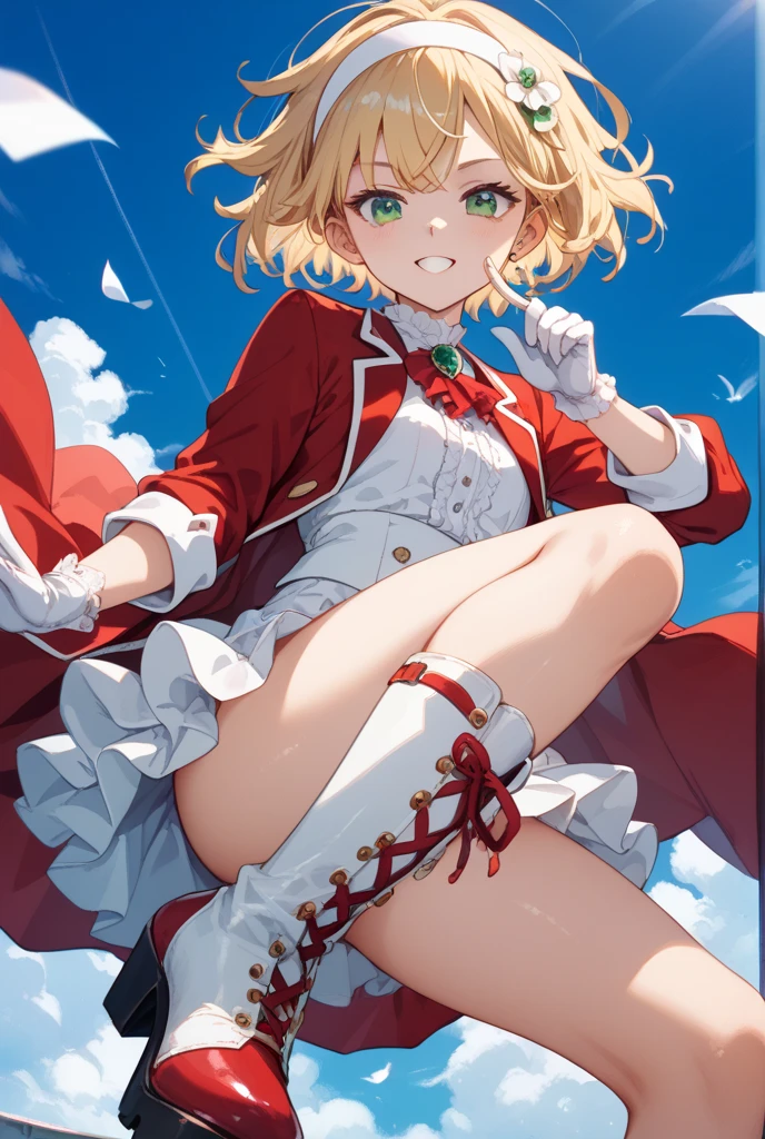 Uekura, 1 girl, Blonde, (Background of a well-kept English garden(1.8)), have, Wine Red Dress, Wine Red Footwear, wing, sign, (Lots of red roses(1.6)), Manicure, Wide sleeves, Long sleeve, blush, animal, Wine red flowers, alone, whole body, bird, Looking at the audience, High heels, Put your hand on your cheek, Put your hands on your face, Frills, bow, bangs, Red border ribbon, Bell, Wine red hat, +_+, shoes下, short hair, Grey Eyes, shoes, Wine red nails, feathered wing, red bow, squat(1.6)