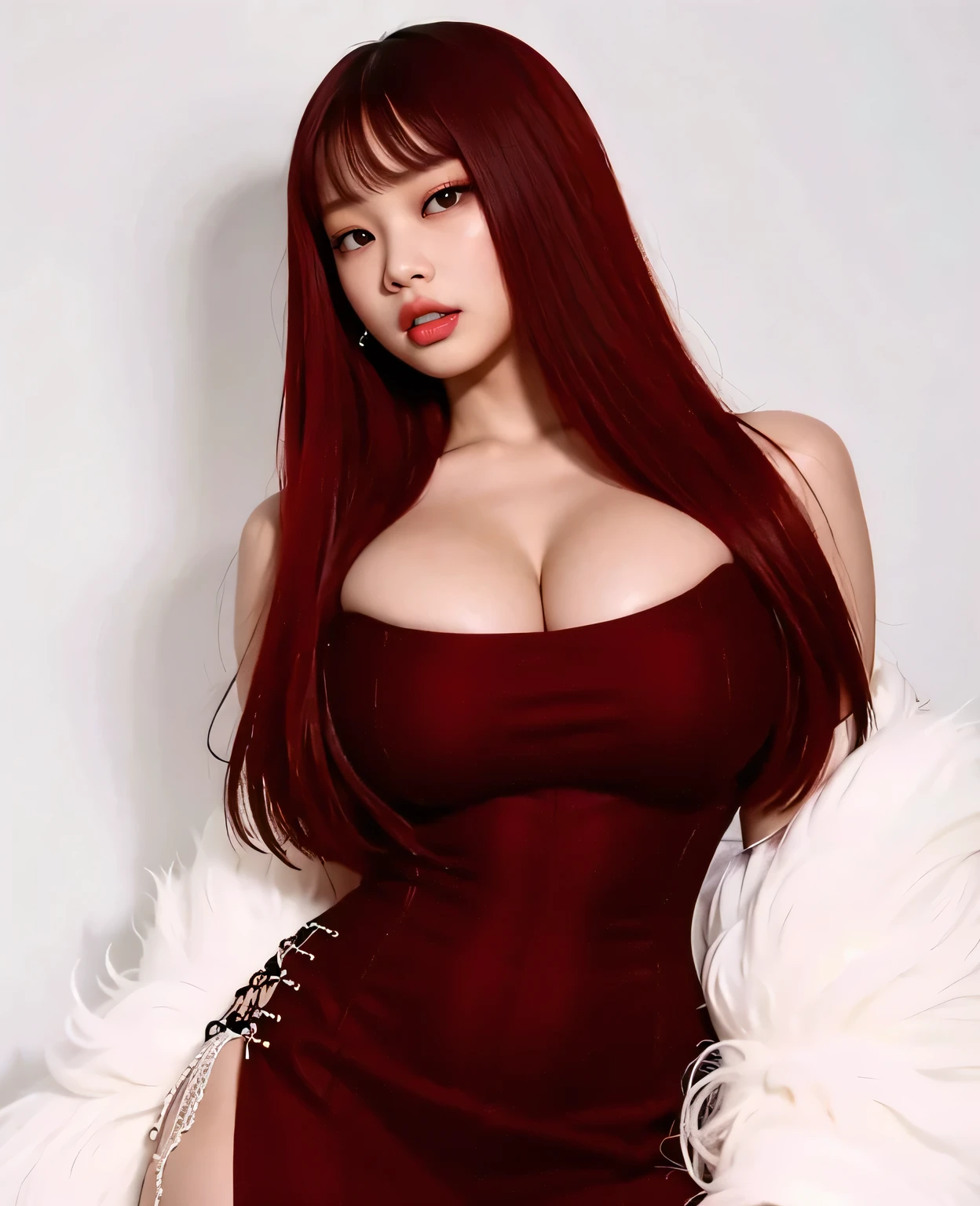 Kim Jennie, long black hair, sexy body dressed in a beautiful red dress her big breasts her beautiful face, a goddess and another of a nun who dresses