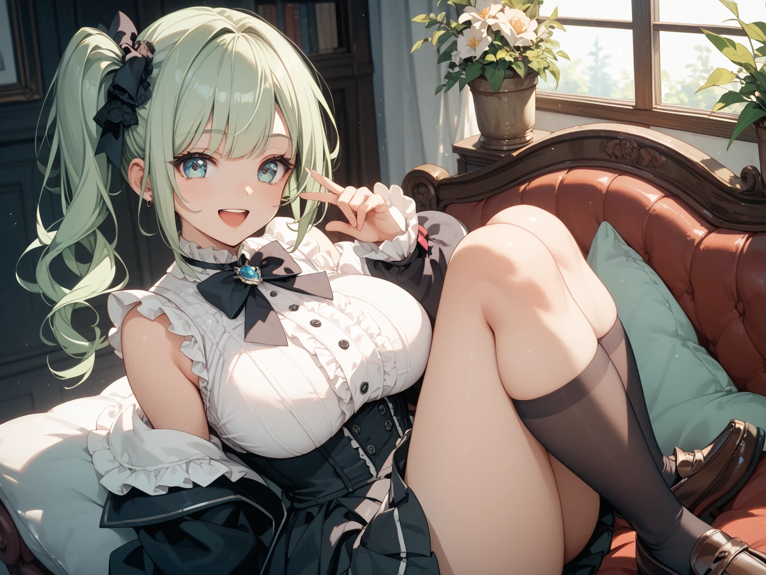 (((Horse Girl))), (((Fine Motion))), 1 person, Thighs, sitting on a luxurious red sofa, (((Legs wide open、So that the crotch is well visible))), smile, Dress like a young lady, (((Sexy panties with green embroidery))), High resolution, Her breasts are elegant and large.,