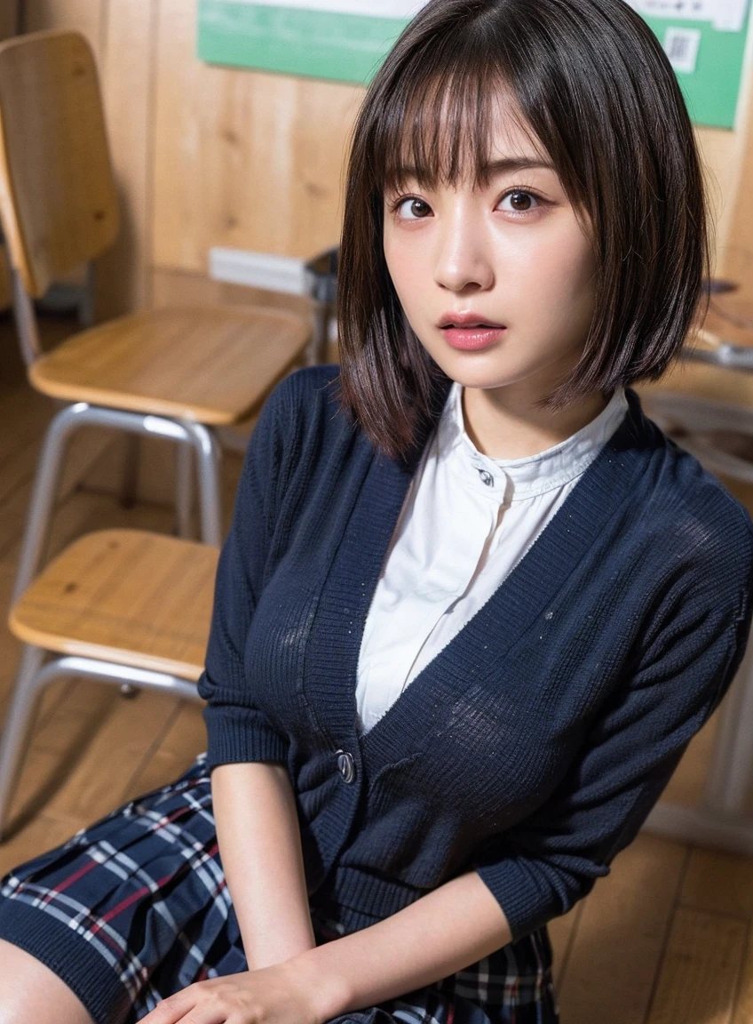 (((8K、High resolution、Highest quality、High resolution)))alone、Natural body shape、White skin、Natural Makeup、Black Hair、Semi-long hair、、((High School Uniform)) 、((Beige cardigan、White collared short sleeve blouse))、((Red Plaid Pleated Skirt))、(red school ribbon)、、(Big Breasts)、((Wearing a uniform))、(((((Looking into the camera)))))、(((Head to shin portrait)))、(((Exposing thighs)))、On the sofa、Sit with your legs apart、((Focus on the crotch))、White socks