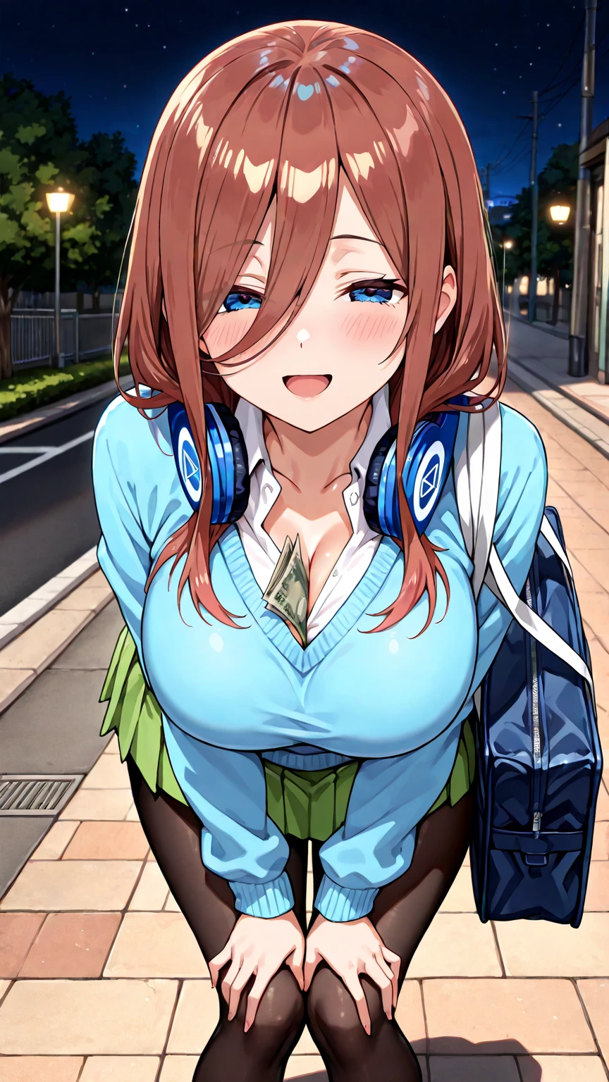 masutepiece, Best Quality, Highly detailed,large full breasts , (Best Quality), (Best Illustration), Miku Nakano,Miku Nakano, dark brown hair, Blue eyes, headphones, sea side, Beautiful detailed eyes,((Torn black pantyhose)),white shirt,Green pleated skirt,cleavage